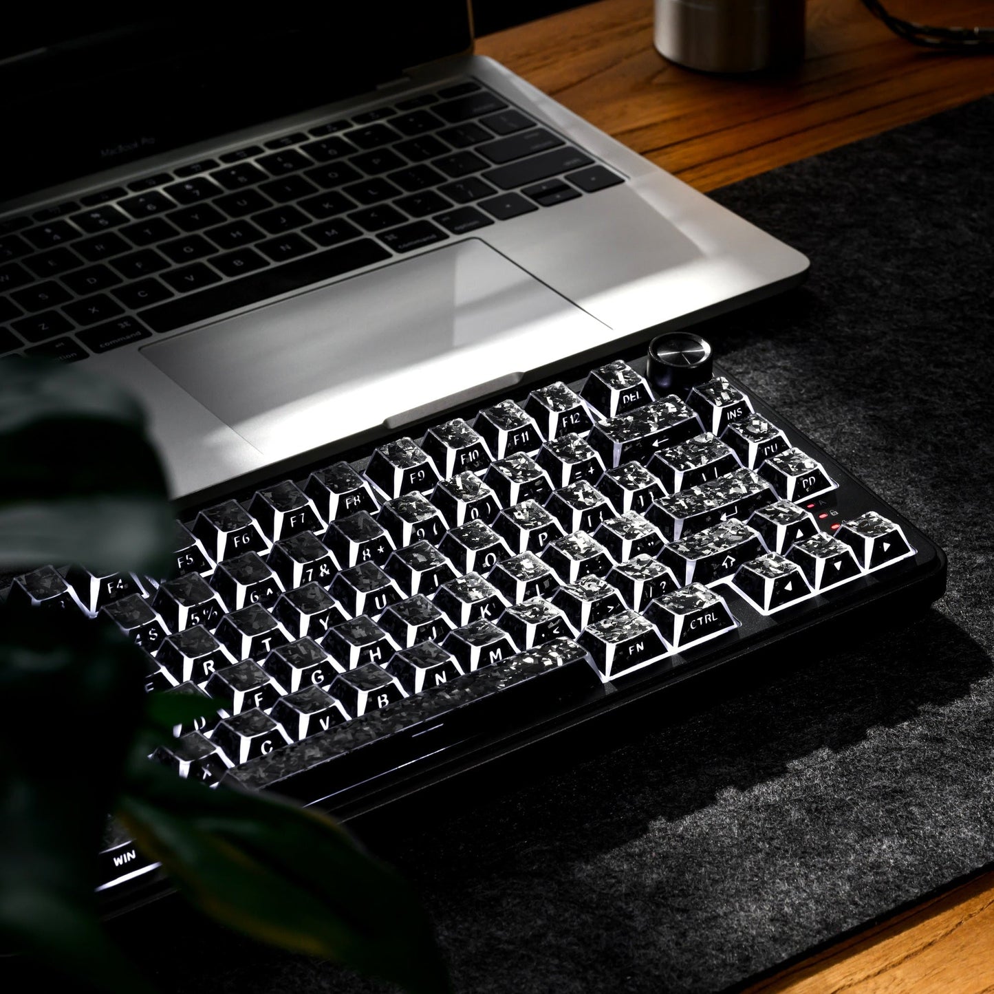 Black shine-through cherry-profile keycaps with frosted tops and visible legends