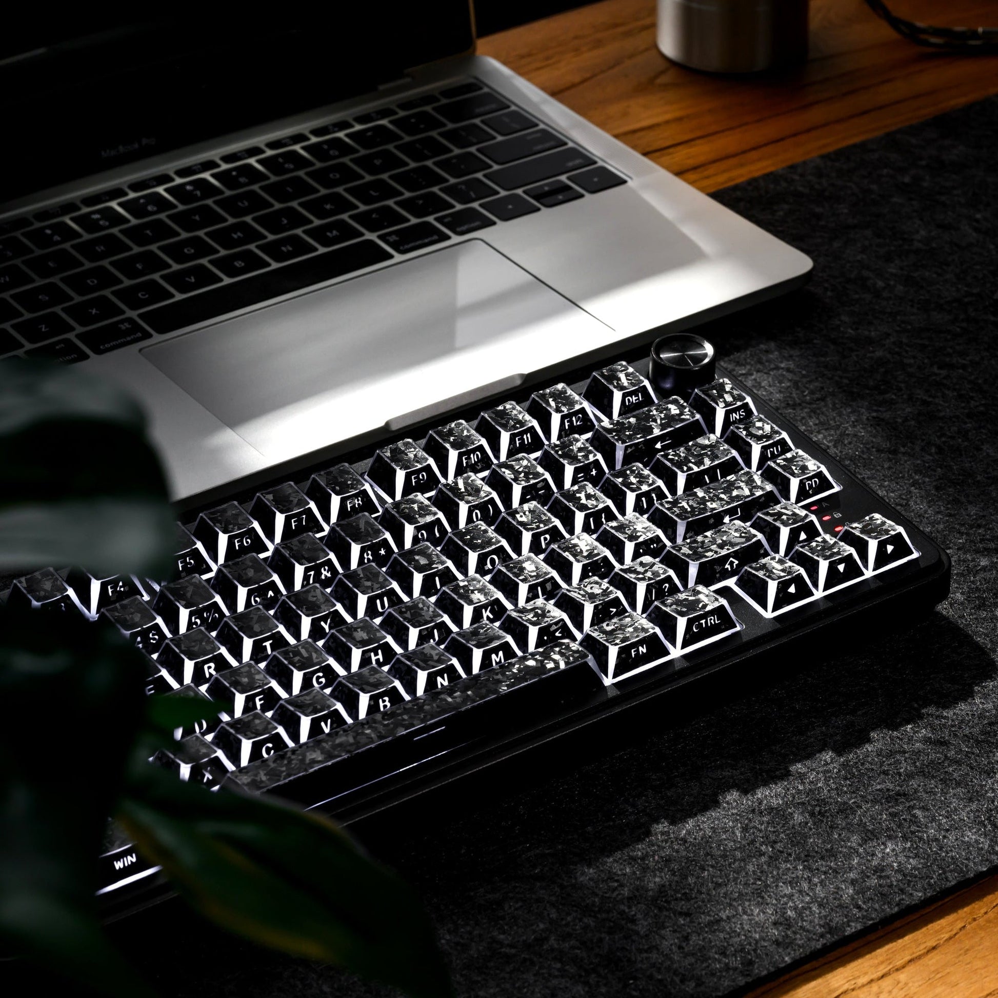 Black shine-through cherry-profile keycaps with frosted tops and visible legends