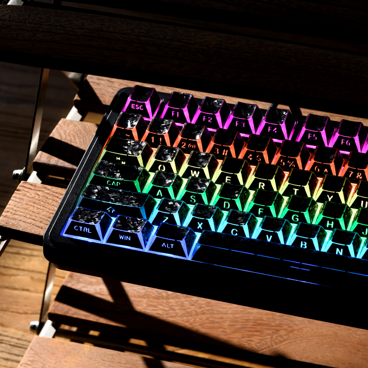 136-key PBT keycap set on board, black cherry profile with multicolor prism shine