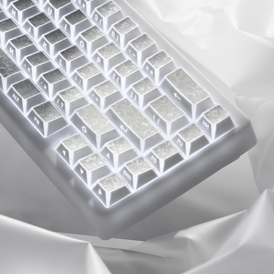 White shine-through cherry-profile keycaps with sculpted legends, backlit in a grid