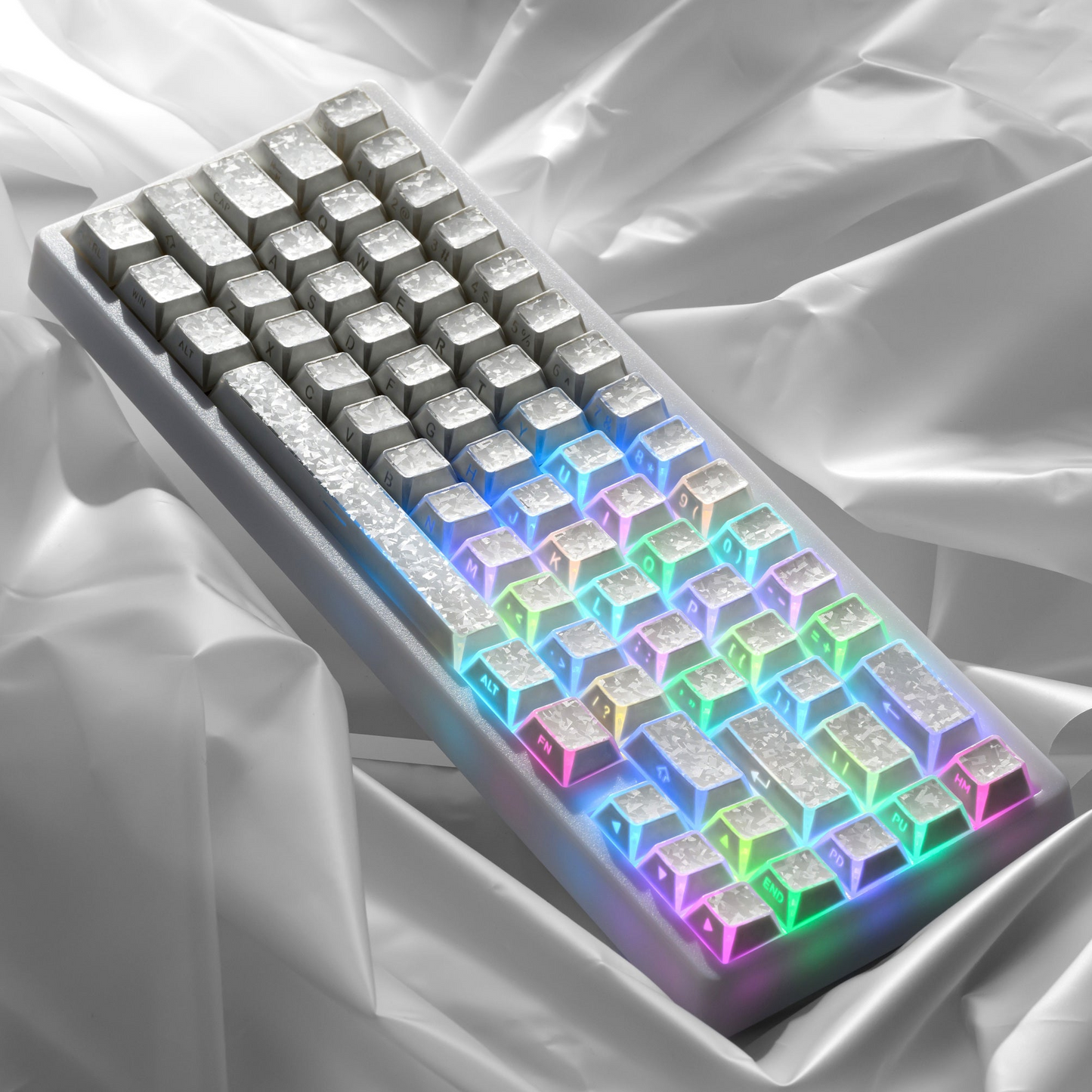 Shine-through keycaps with glowing rainbow RGB under LED light and frosted tops