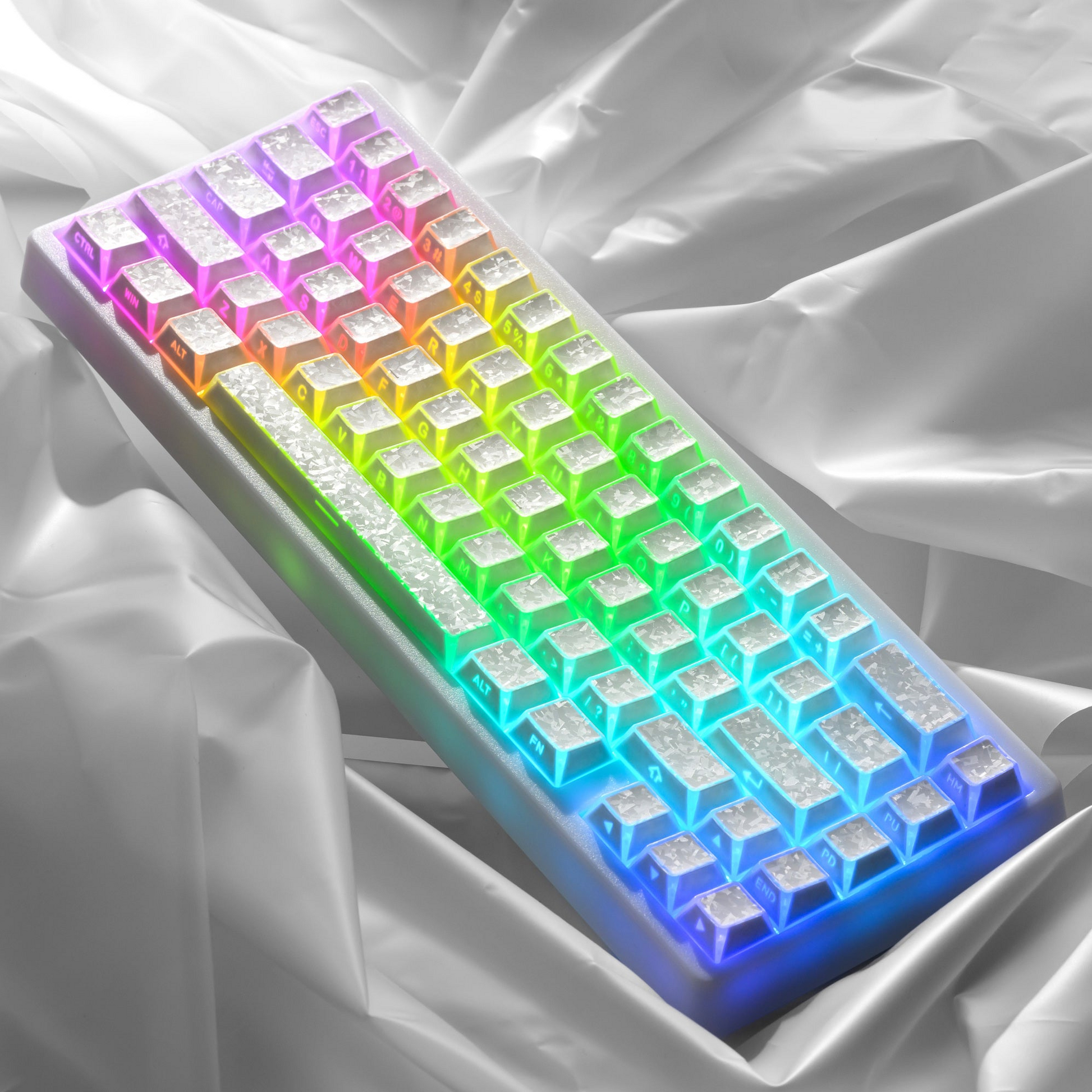 RGB-glowing multicolor keycap set with frosted legends and neon backlight effect