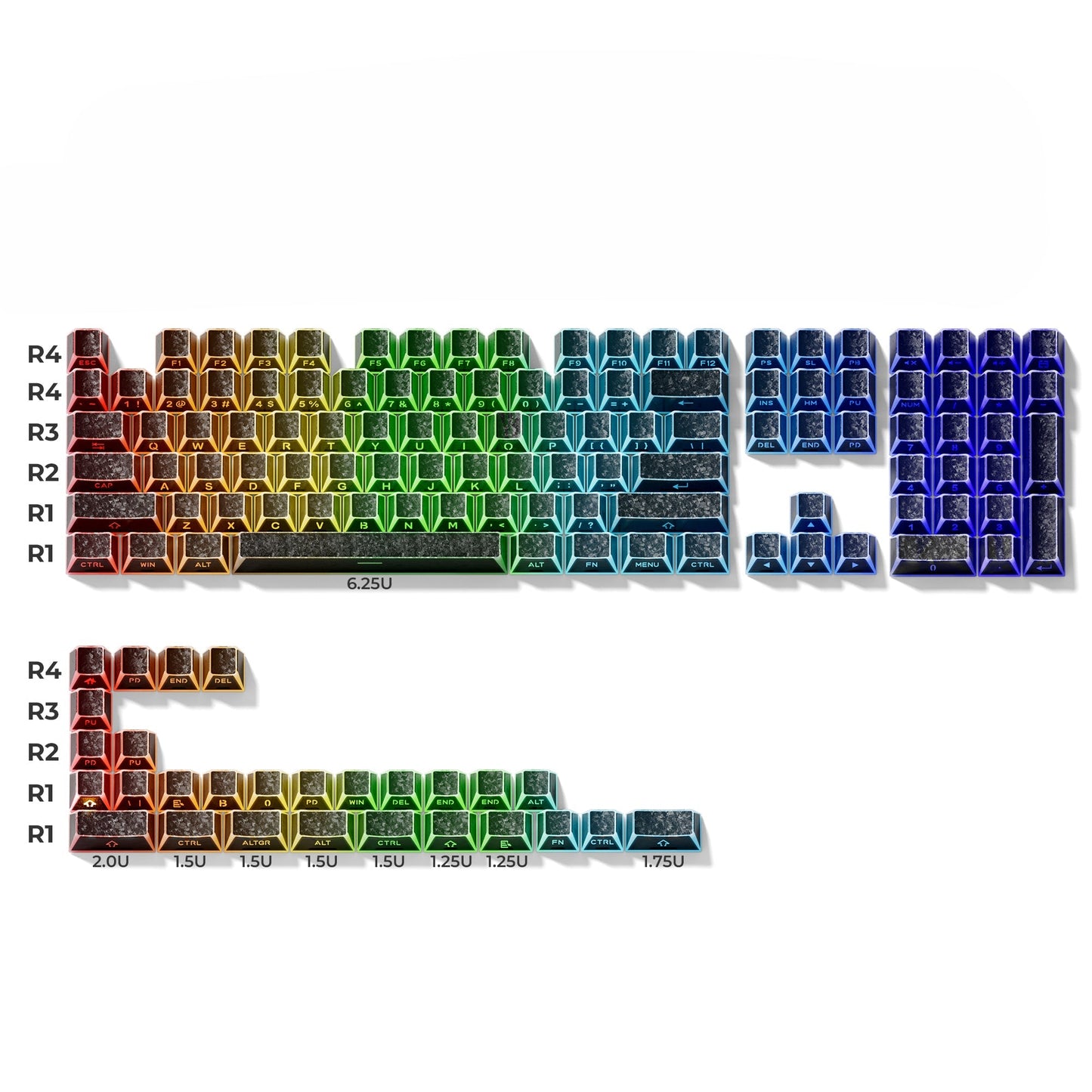Multicolor cherry-profile keycap set layout with row keys and function cluster