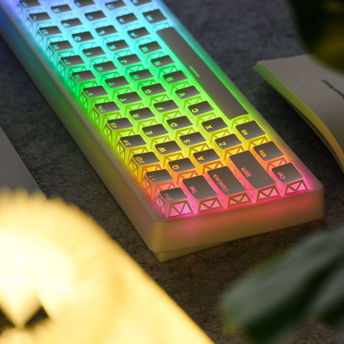 White PBT keycaps glowing green to yellow to pink with prism-style legend icons