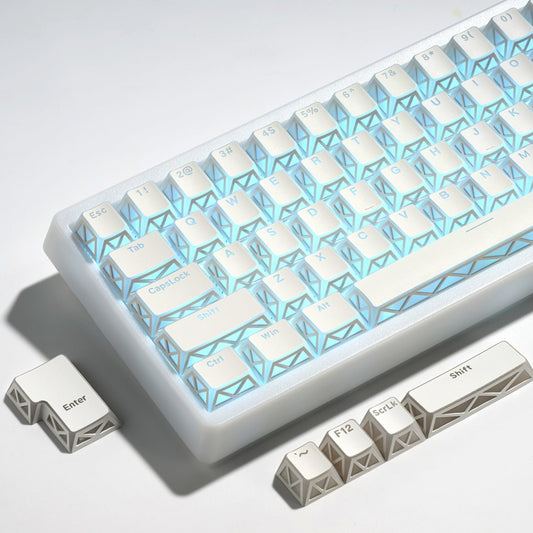 White PBT keycap set with cyan prism-style legends for 130-key keyboard