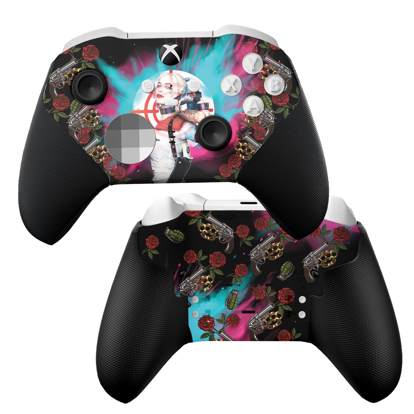 Black Xbox Elite controller with hydro-dip graphic, pink character, roses, and buttons