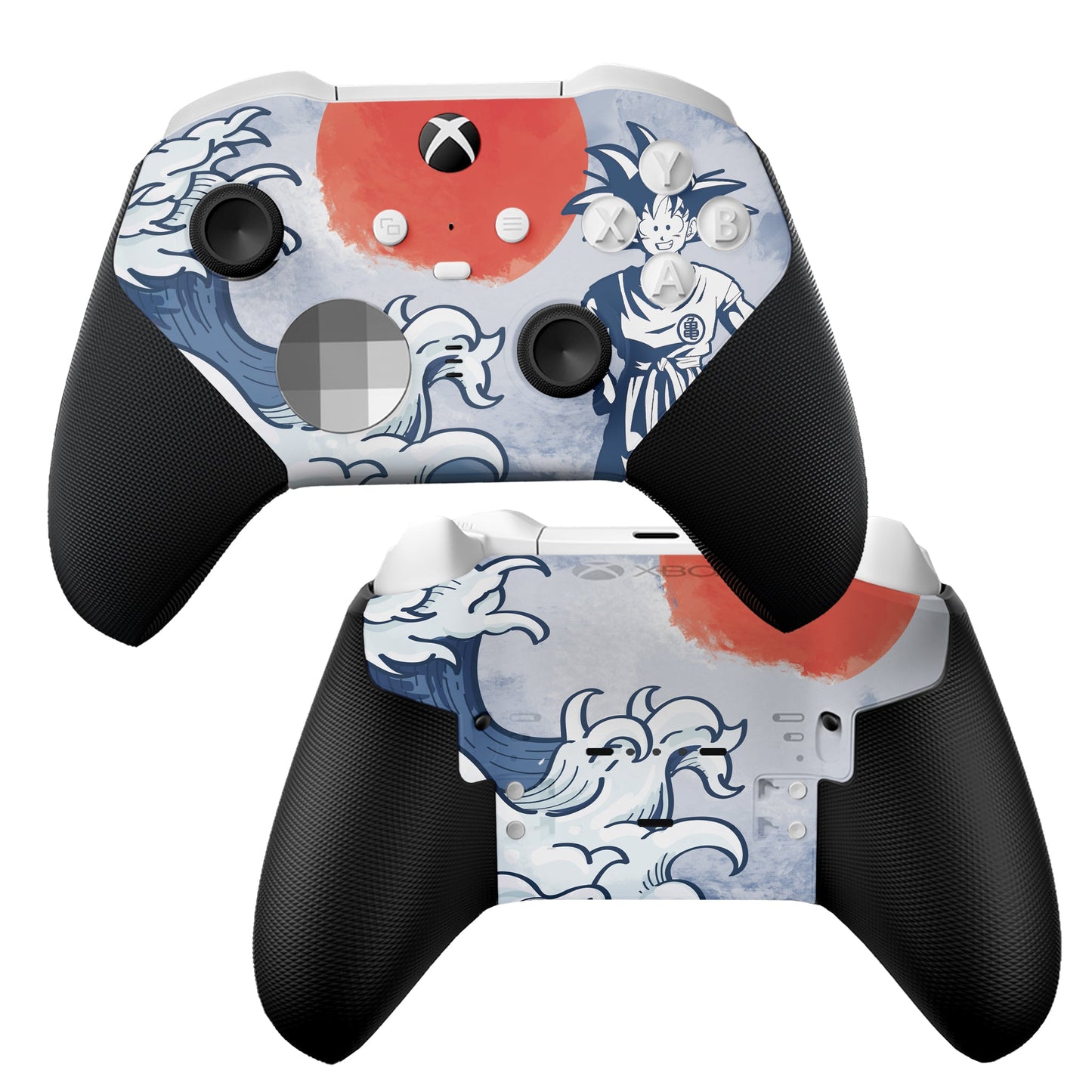 Xbox Elite Series 2 Core controller with blue wave pattern and red splash, black grips