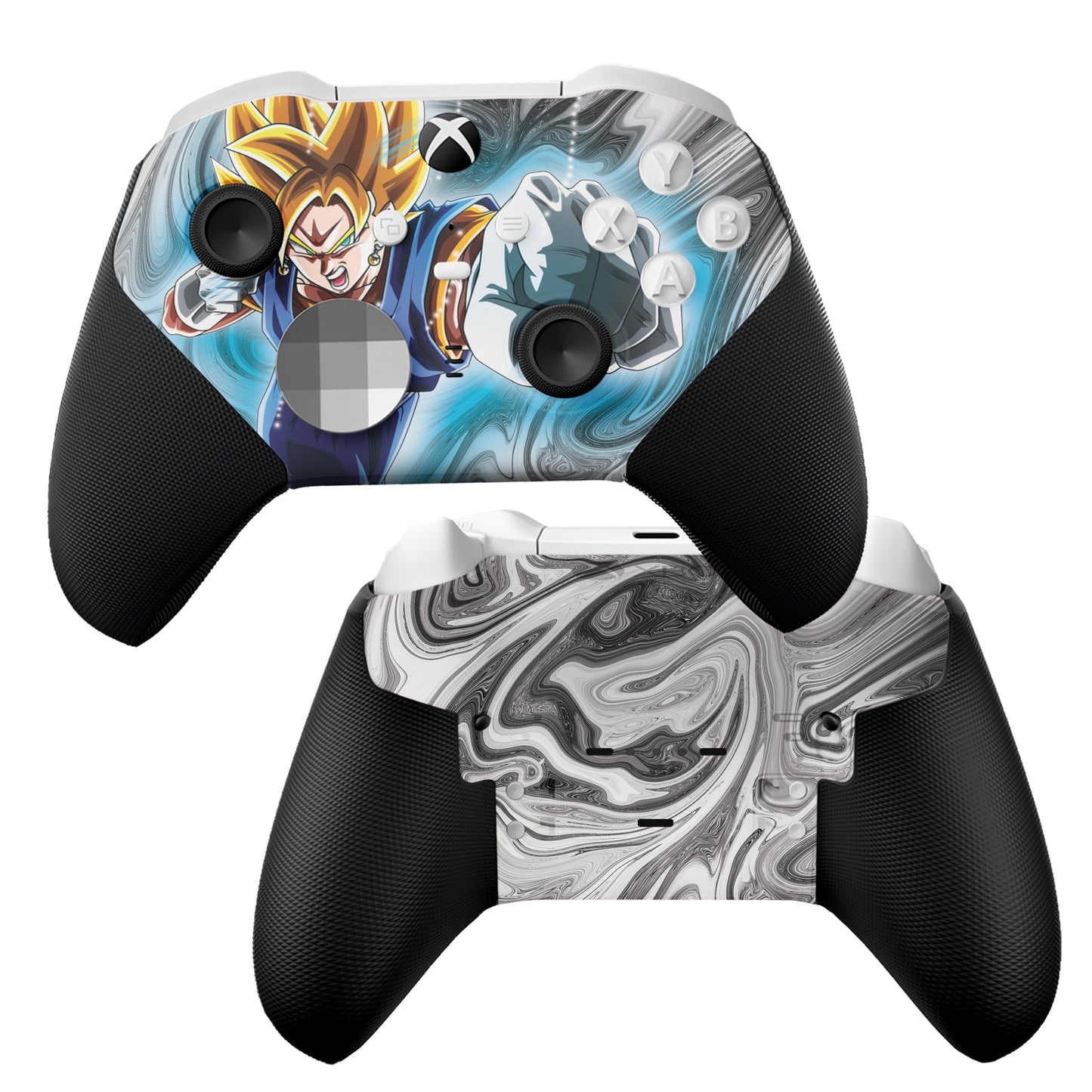 Xbox controller with black textured grips and blue anime hydro-dip faceplate