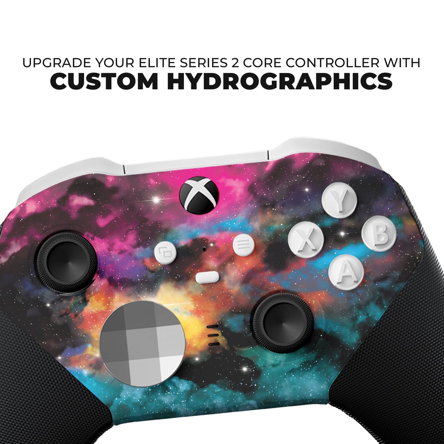 Xbox Elite Series 2 Core controller close-up with galaxy hydro-dip on front
