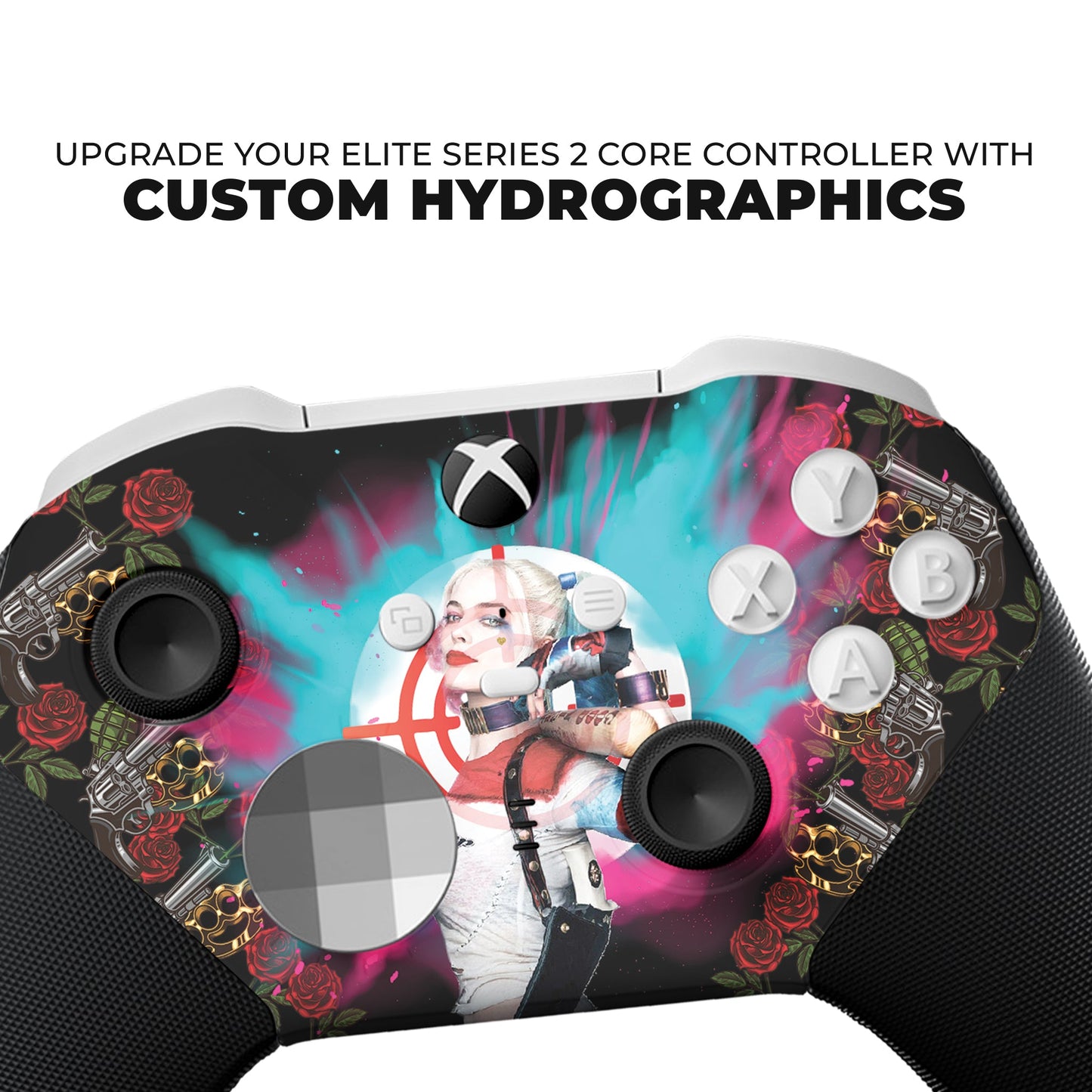 Black and white Xbox Elite controller with hydro-dip graphic, pink character and roses