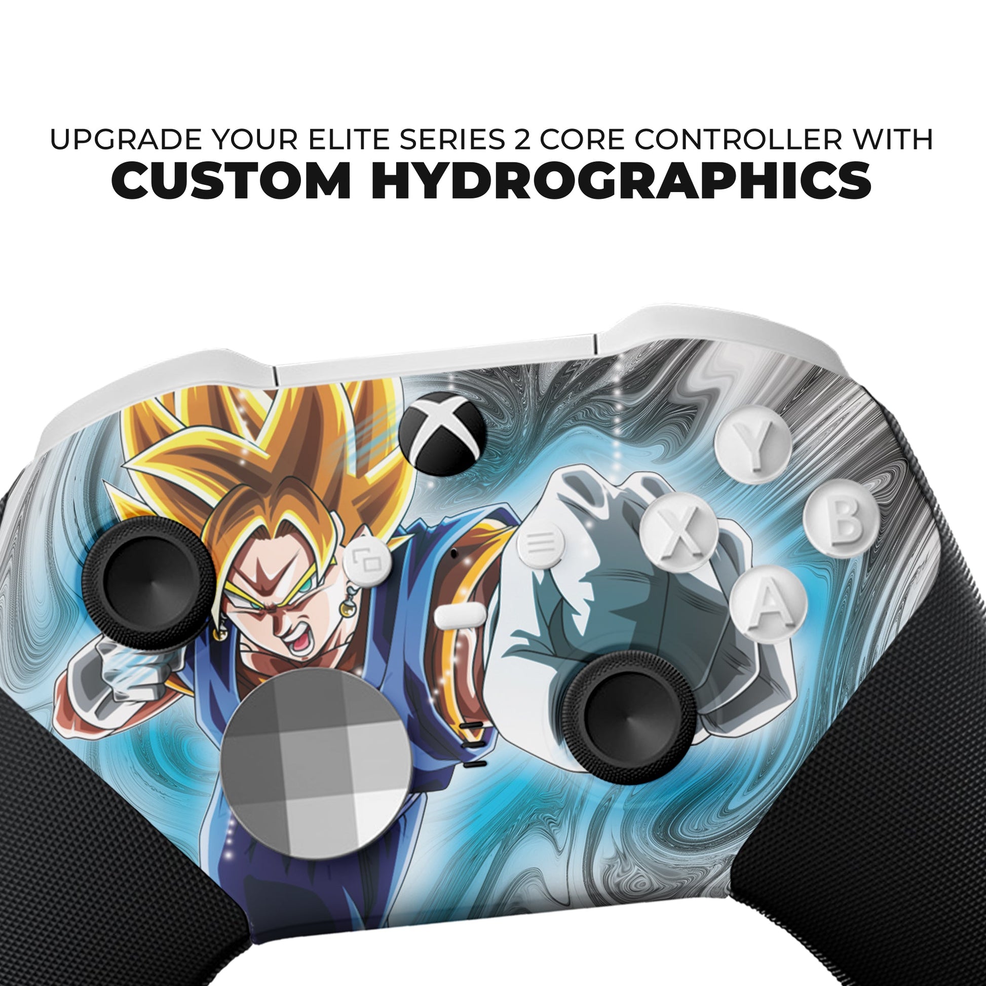 Xbox controller close-up showing blue anime hydro-dip faceplate and black grips