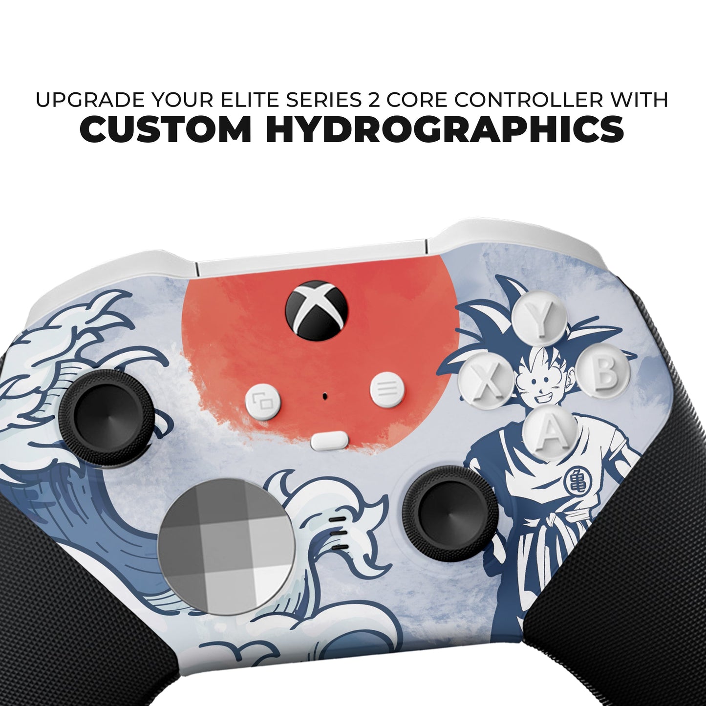 Xbox Elite Series 2 Core controller close-up with red center panel, blue character art