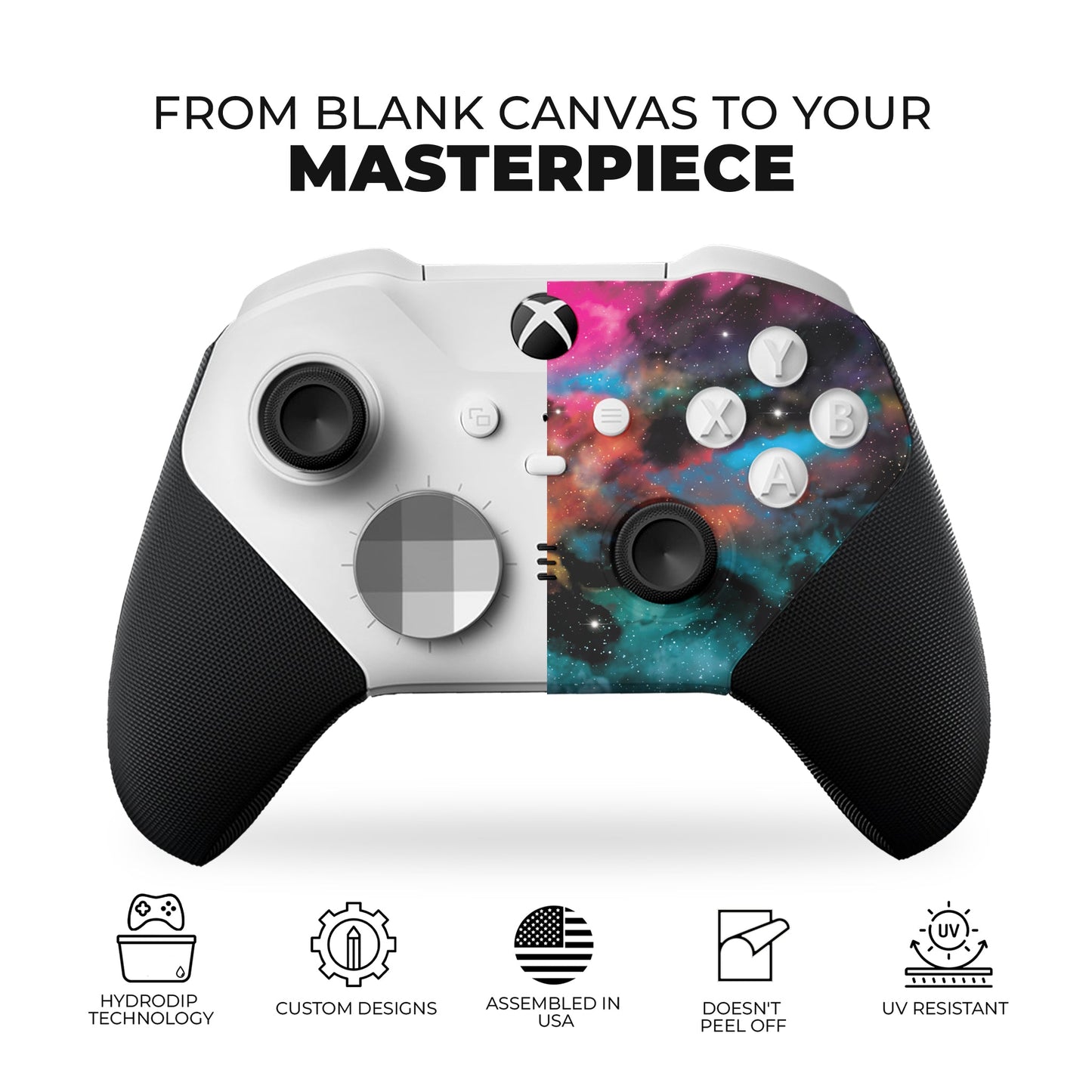 Xbox Elite Series 2 Core controller with galaxy hydro-dip panel on front