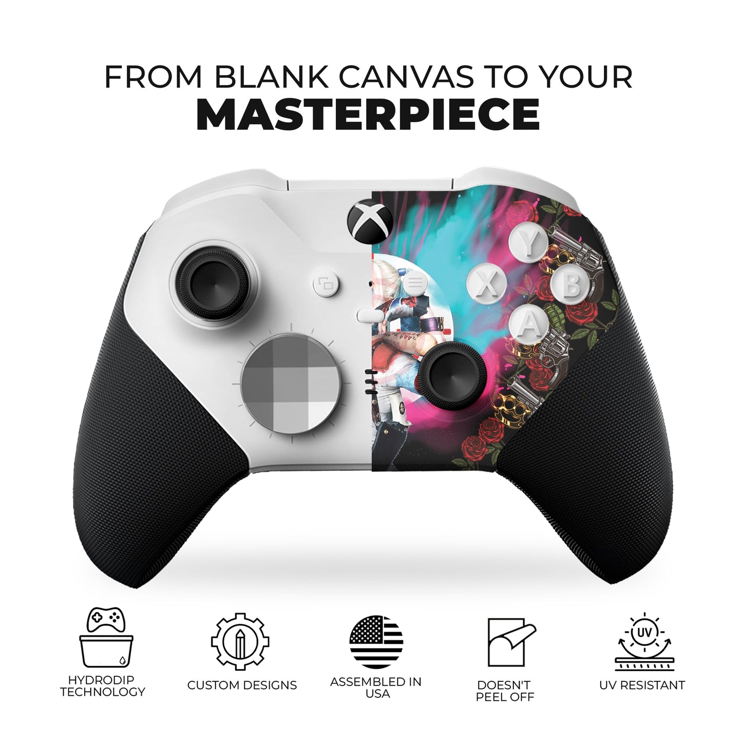 White Xbox Elite controller with hydro-dip print, pink character art over black grips