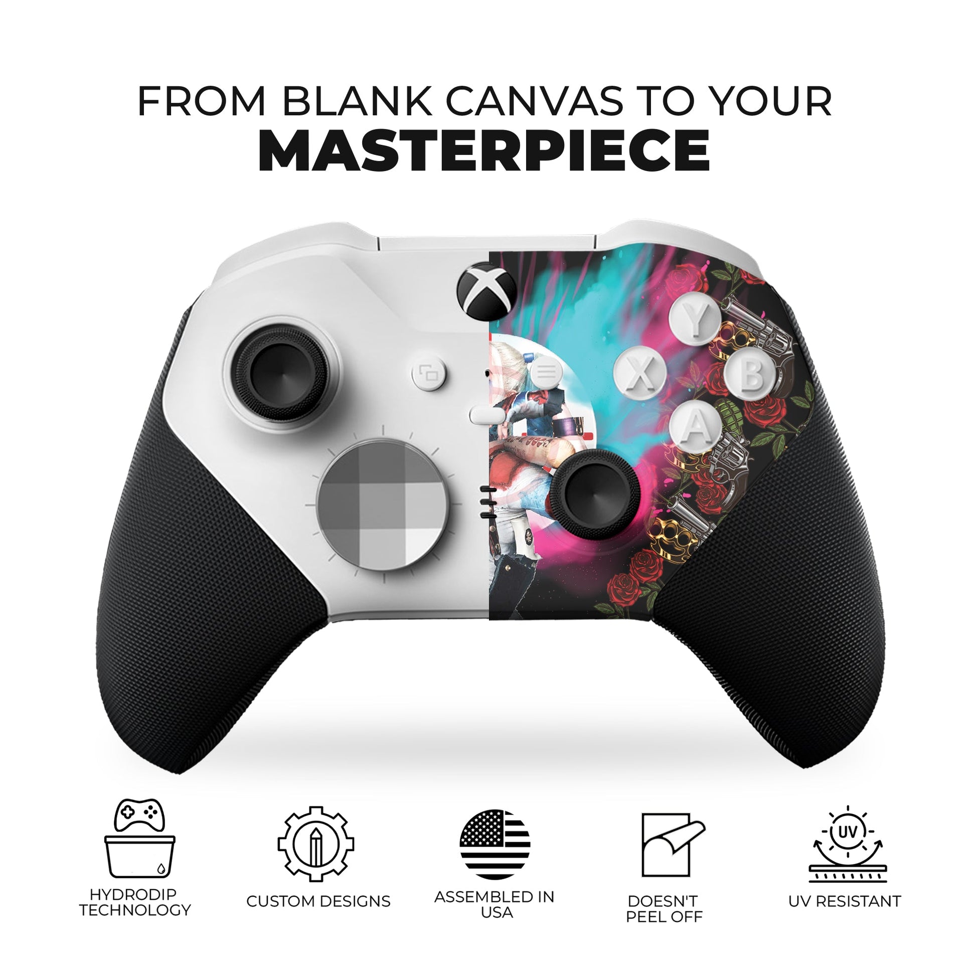 White Xbox Elite controller with hydro-dip print, pink character art over black grips
