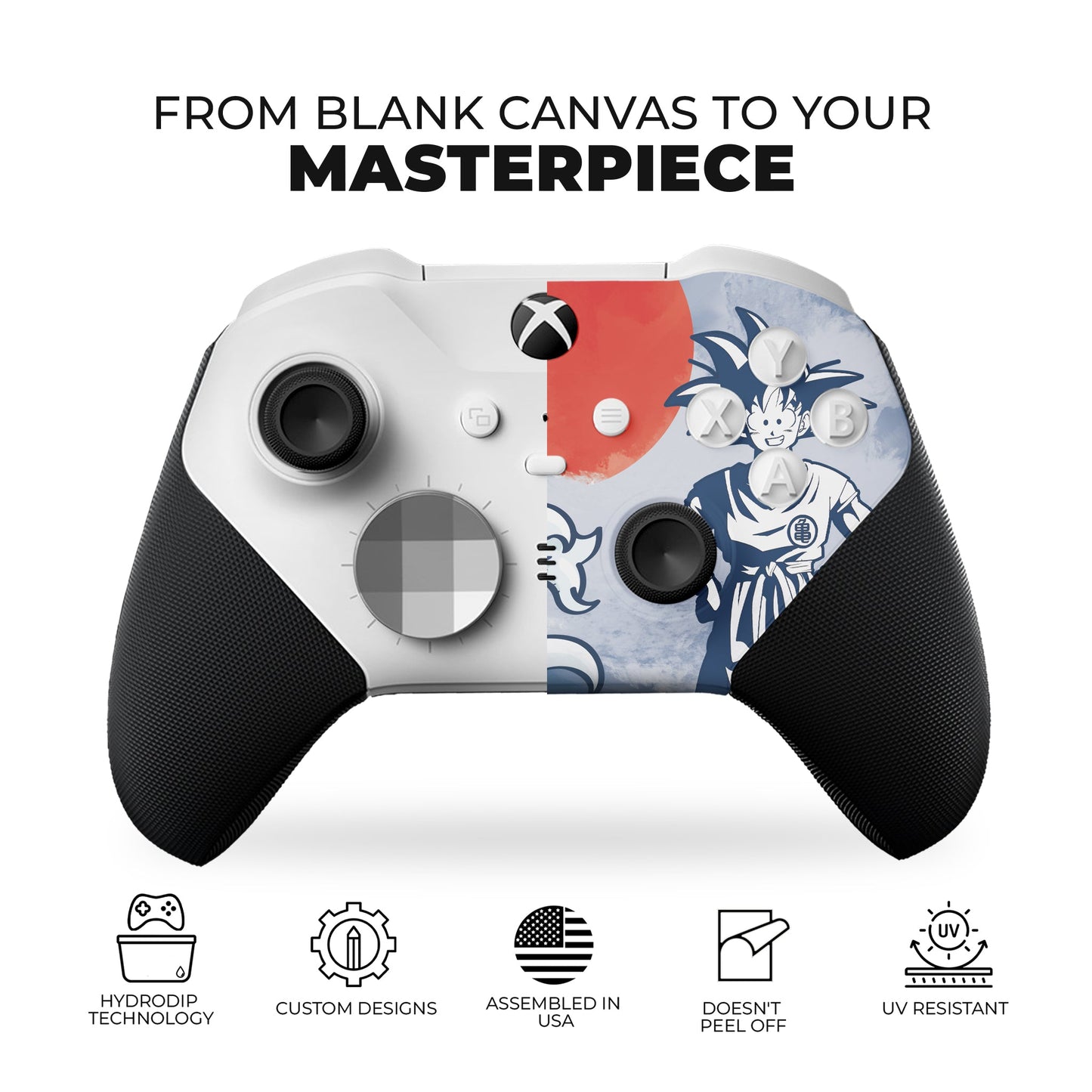 Xbox Elite Series 2 Core controller front with blue dragon waves and red splash, black grips