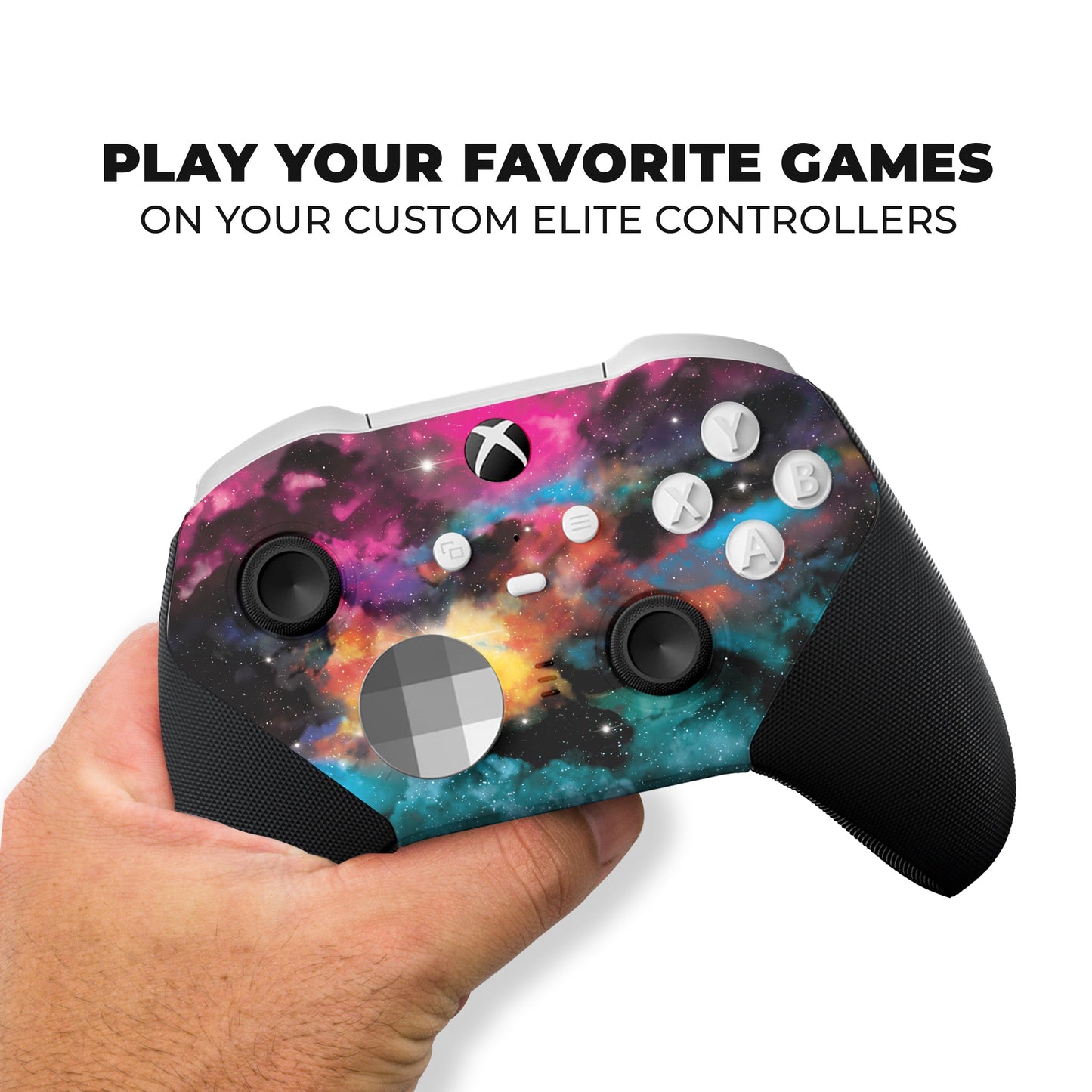 Hand holding Xbox Elite Series 2 Core controller with galaxy hydro-dip print on front