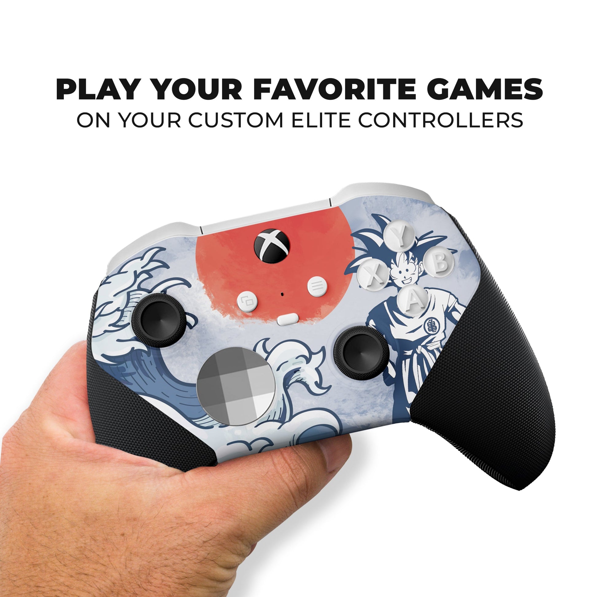 Xbox Elite Series 2 Core controller held in hand, blue wave graphics with red panel