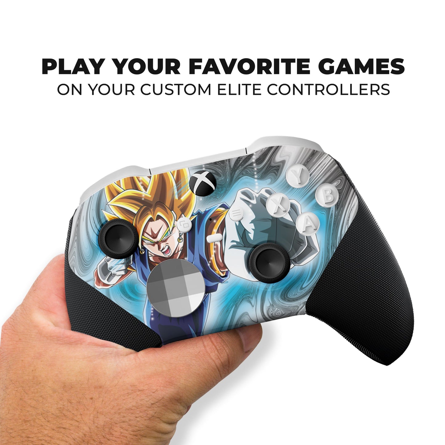 Xbox controller held in hand, featuring blue anime hydro-dip front and black grips
