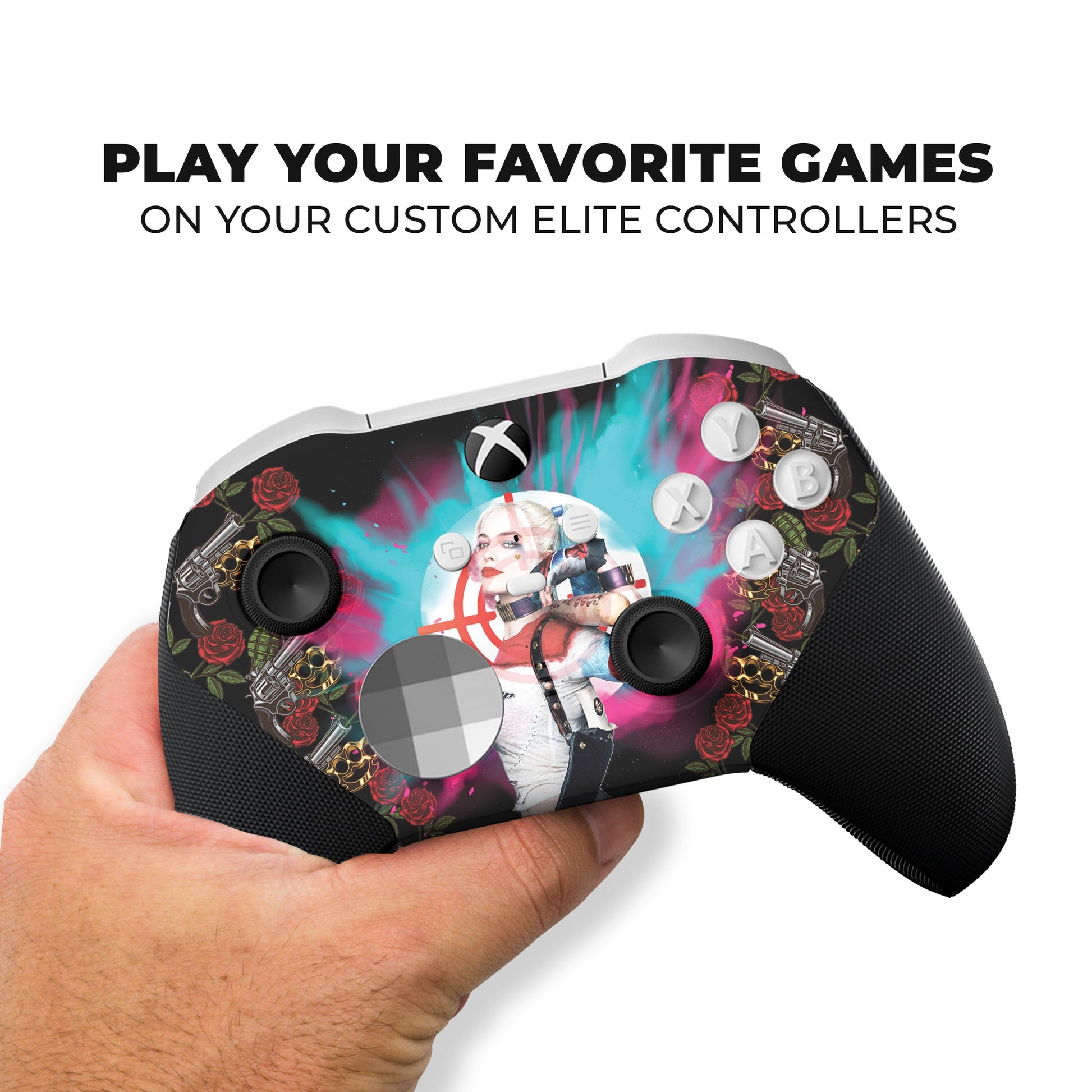 Black Xbox Elite controller held in hand, hydro-dip graphic with character and roses