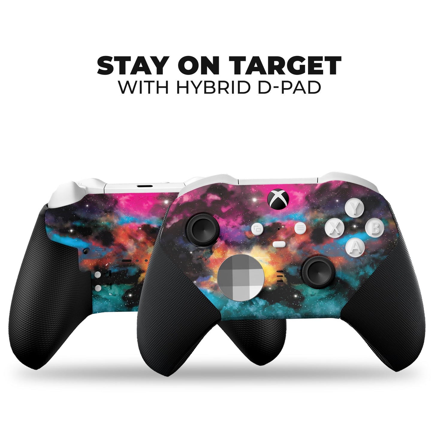Xbox Elite Series 2 Core controller set showing galaxy hydro-dip front and rear views