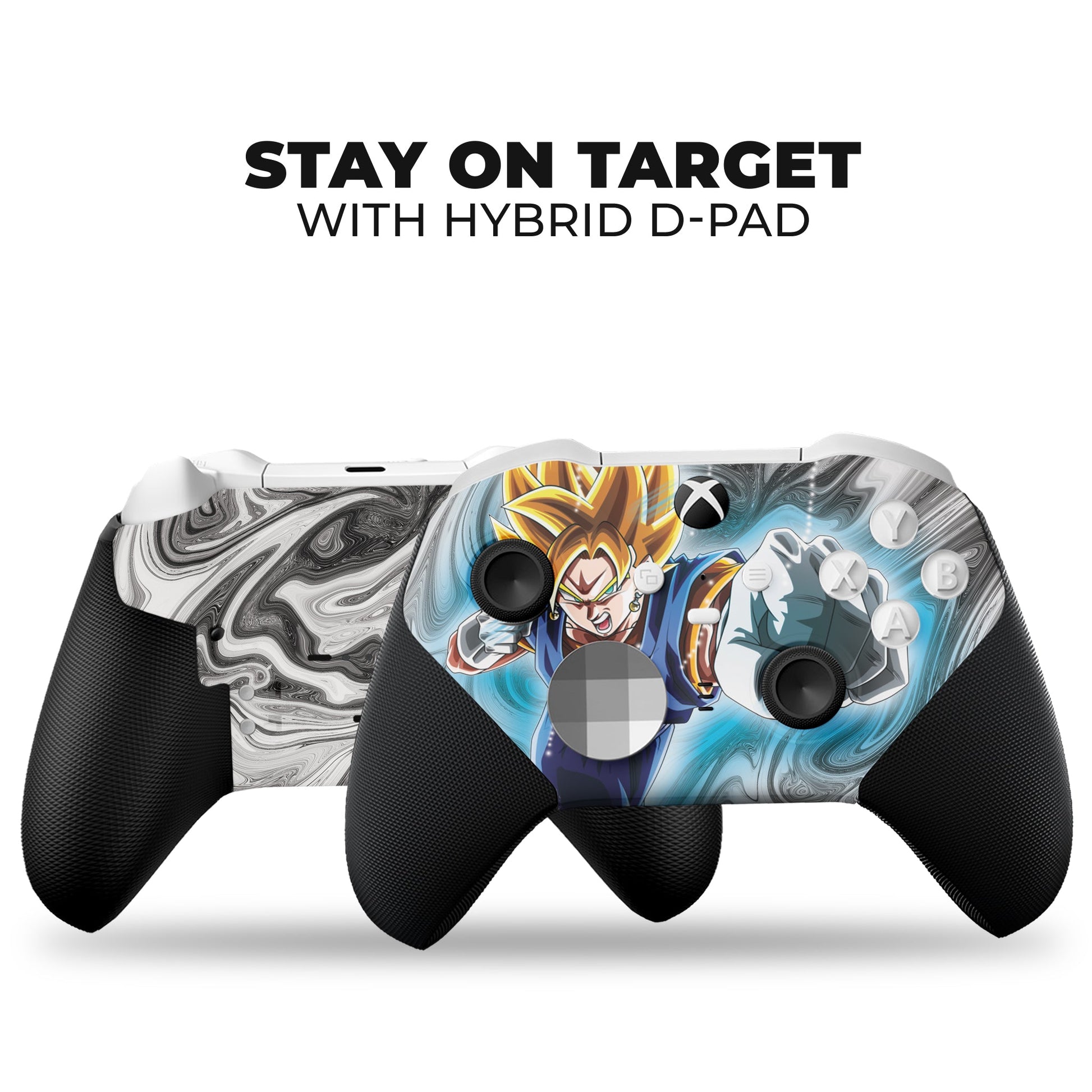 Xbox controller front view with blue anime hydro-dip and black textured handles