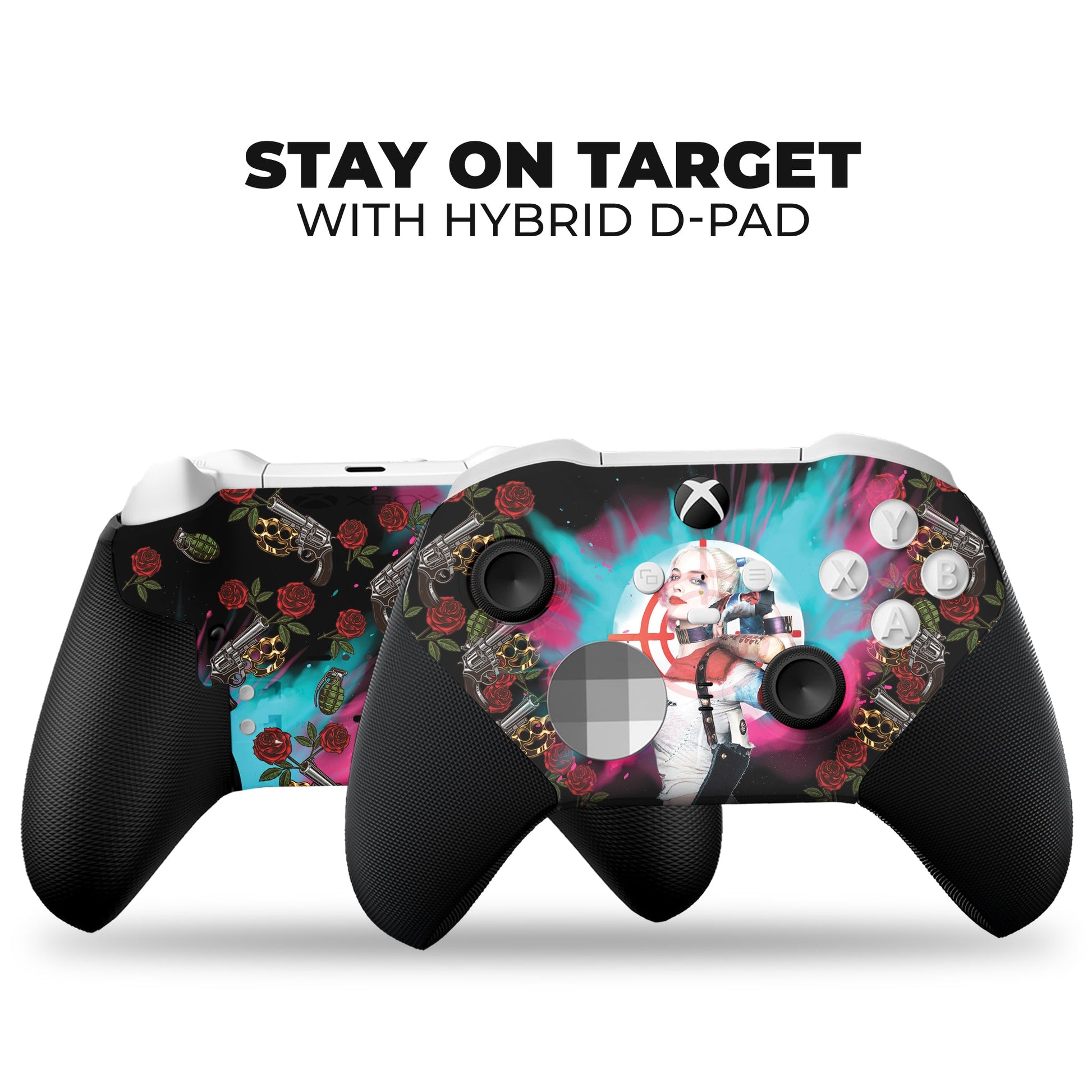 Two black Xbox Elite controllers with custom hydro-dip design, character and rose accents