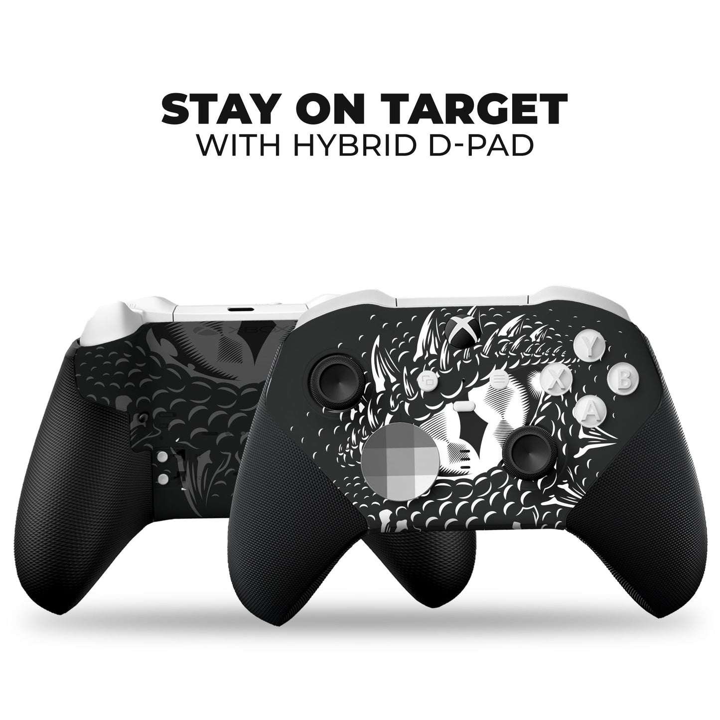 Xbox Elite Series 2 Core controller skin with Smaug dragon eye hydro-dip, side-by-side