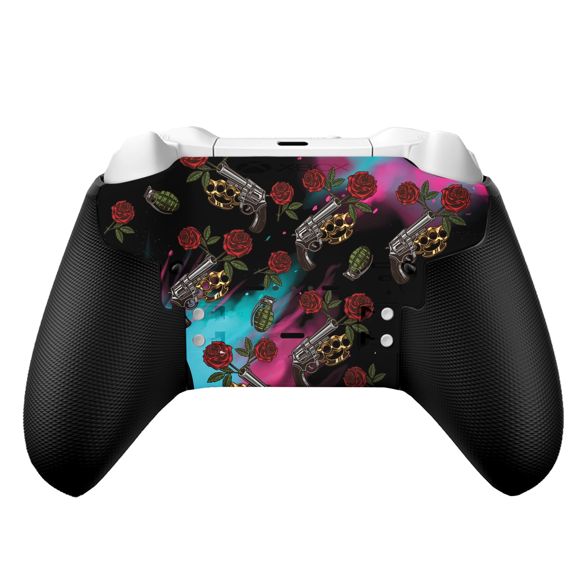 Black Xbox Elite controller with hydro-dip pattern of guns, roses, and colorful icons