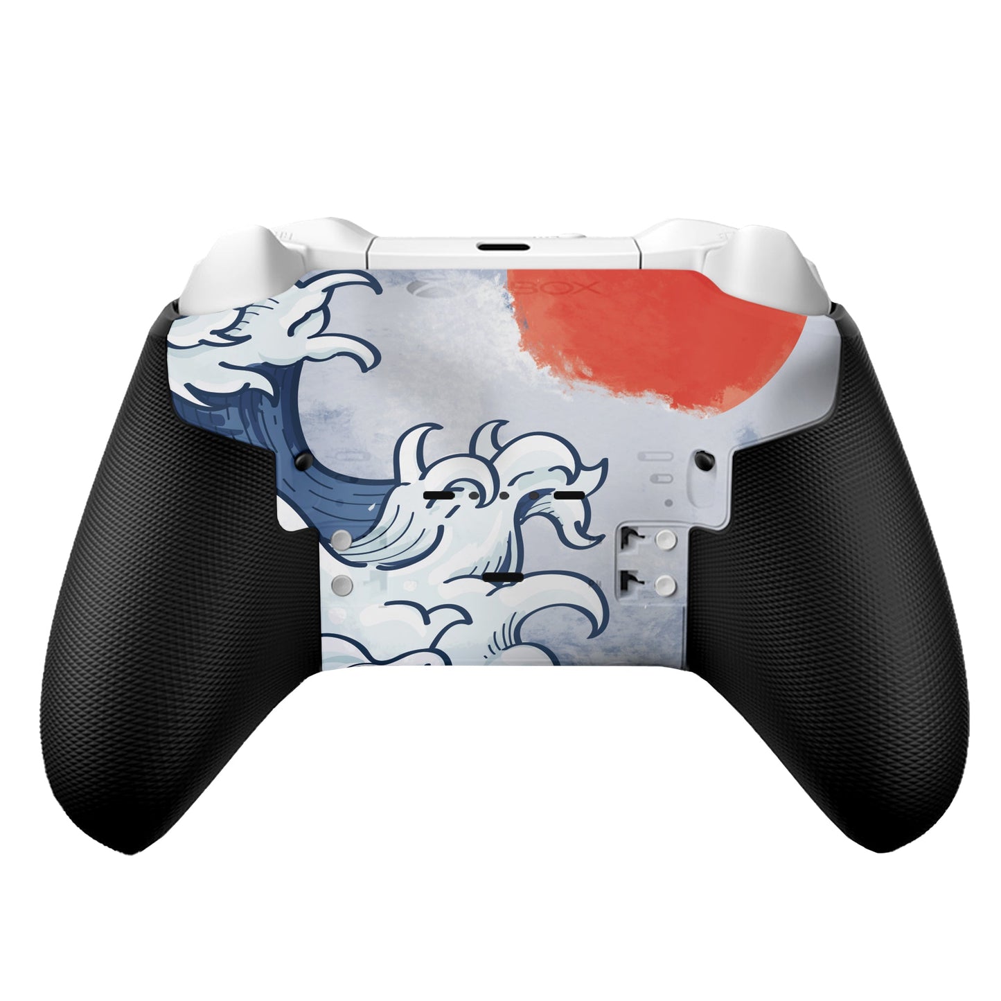 Xbox Elite Series 2 Core controller front with blue dragon graphics and red paint splash