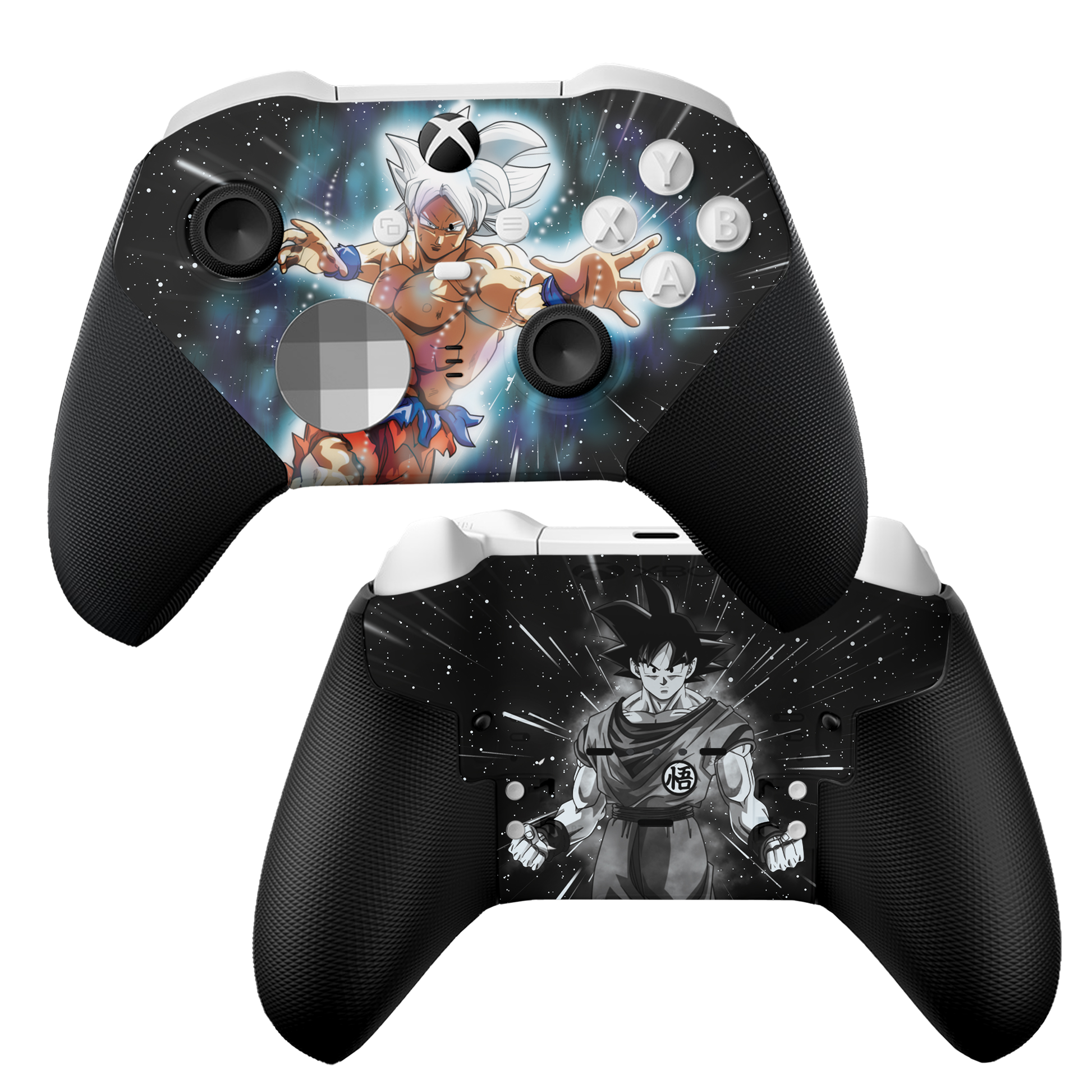 Xbox Elite controller with black grip and Goku Ultra Instinct hydro-dipped front art