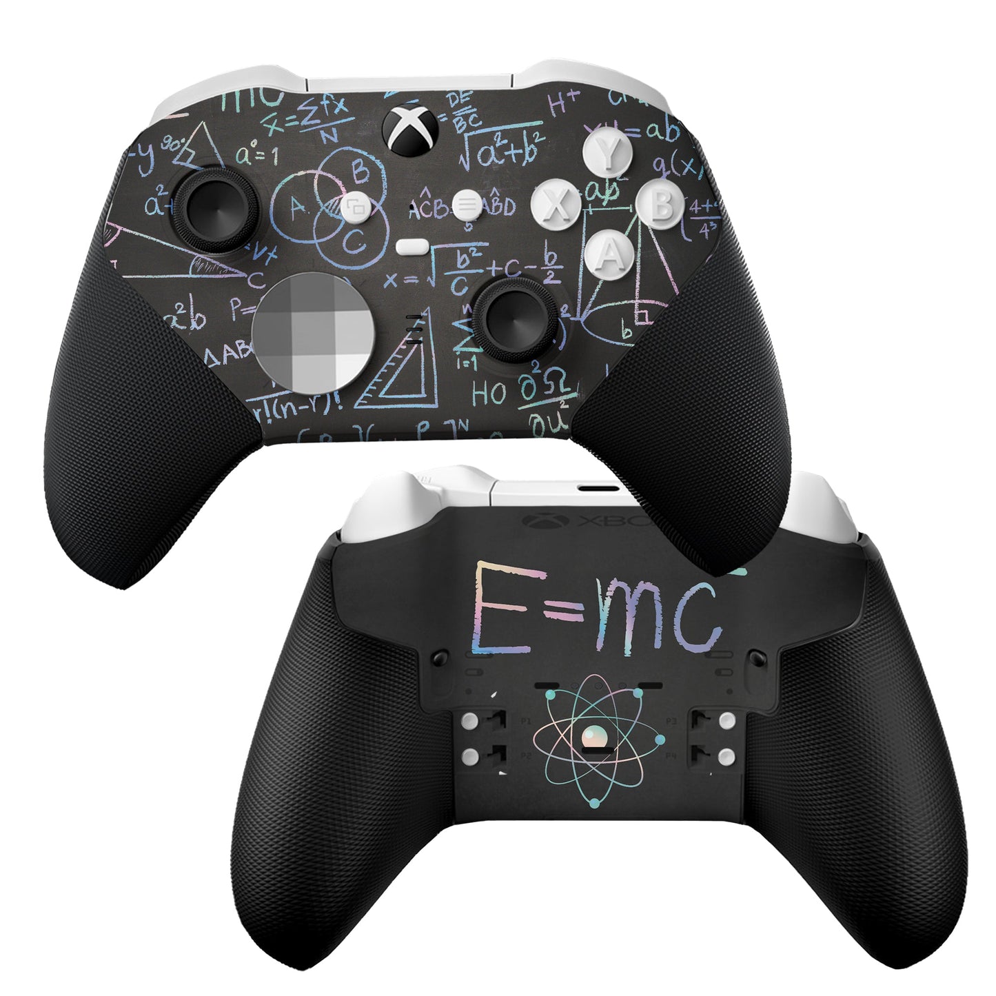 Black science-themed game controller with hydro-dip equations, front/back view