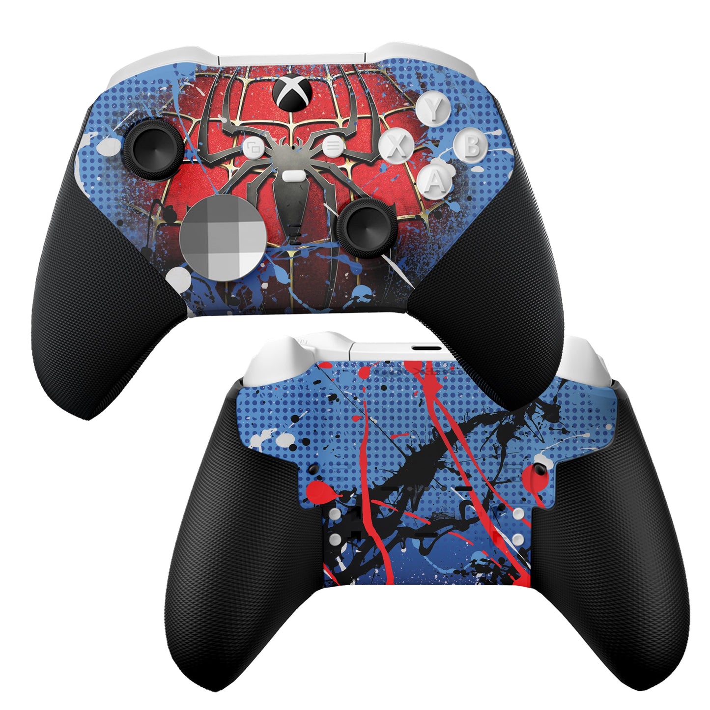 Xbox controller showing front and back with red-and-blue Spider-Man hydro-dip design