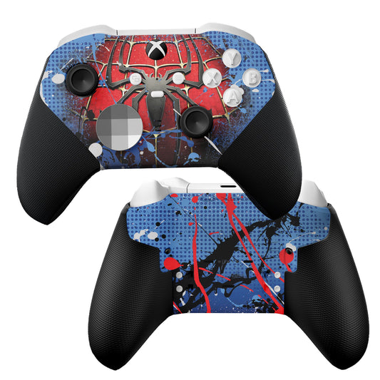 Xbox controller showing front and back with red-and-blue Spider-Man hydro-dip design