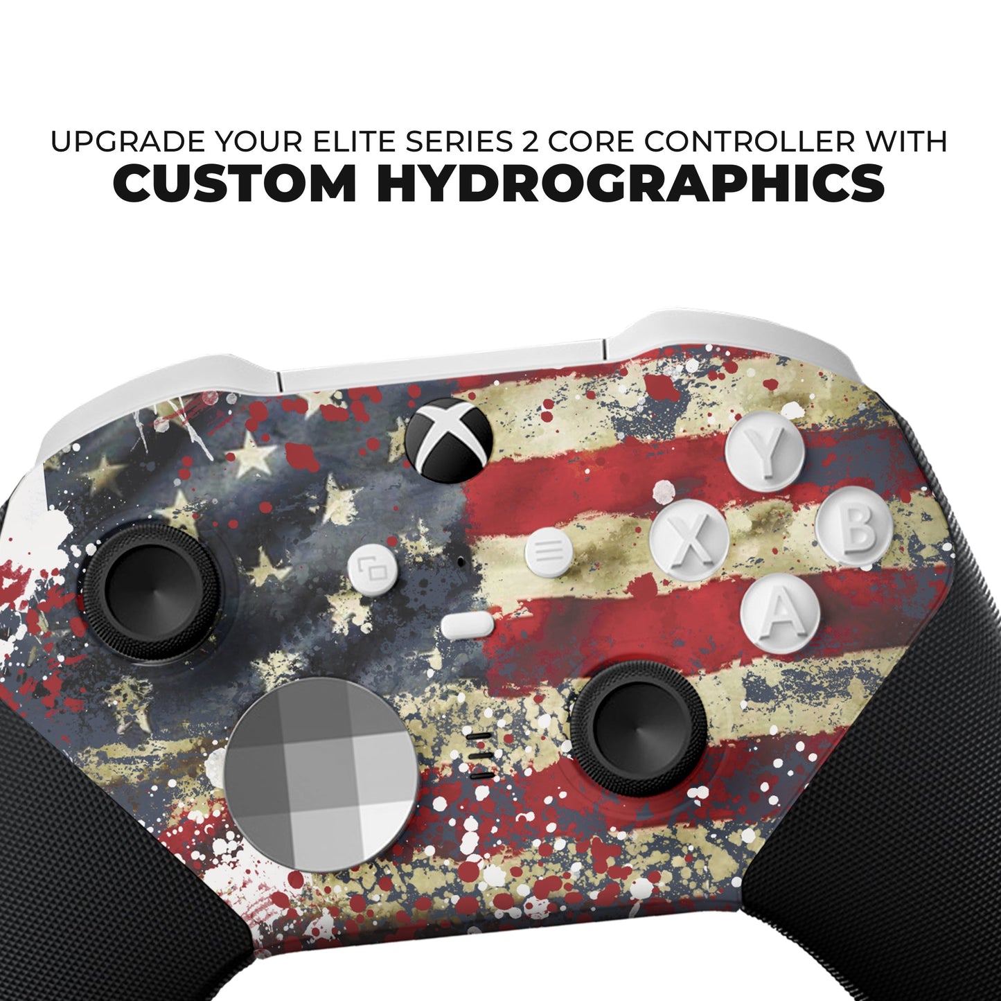 Xbox Elite Series 2 Core controller front close-up with tattered USA flag hydro-dip design