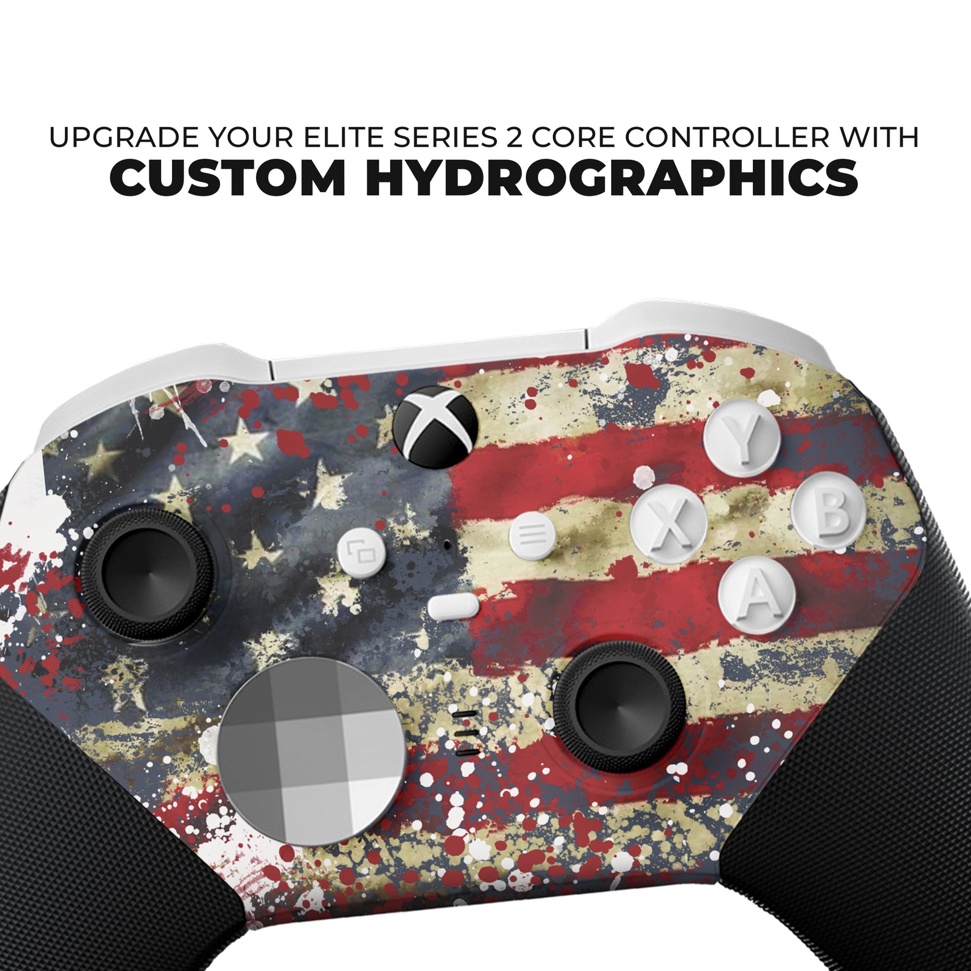 Xbox Elite Series 2 Core controller front close-up with tattered USA flag hydro-dip design