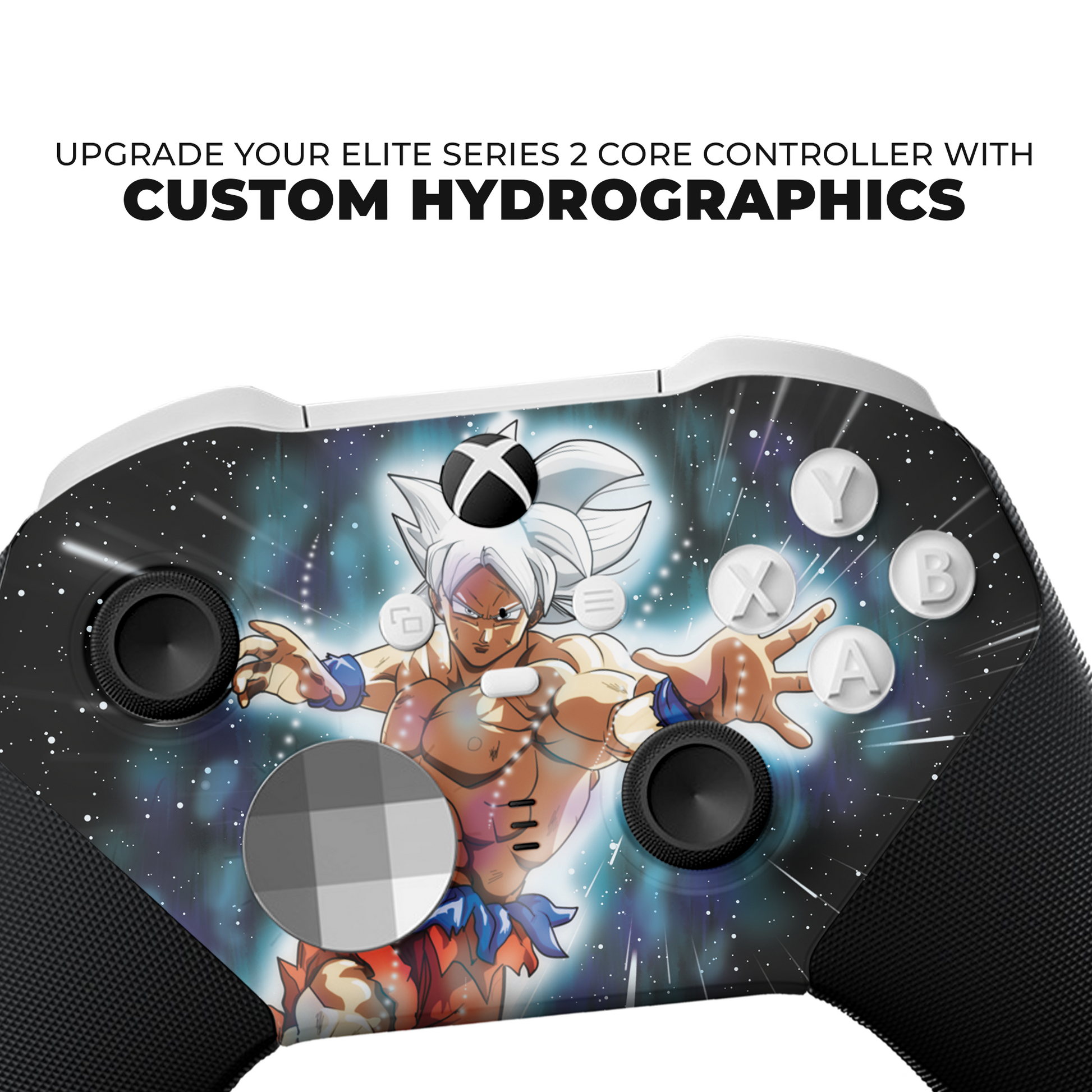 Xbox Elite controller close-up with Goku Ultra Instinct custom hydrographic face art