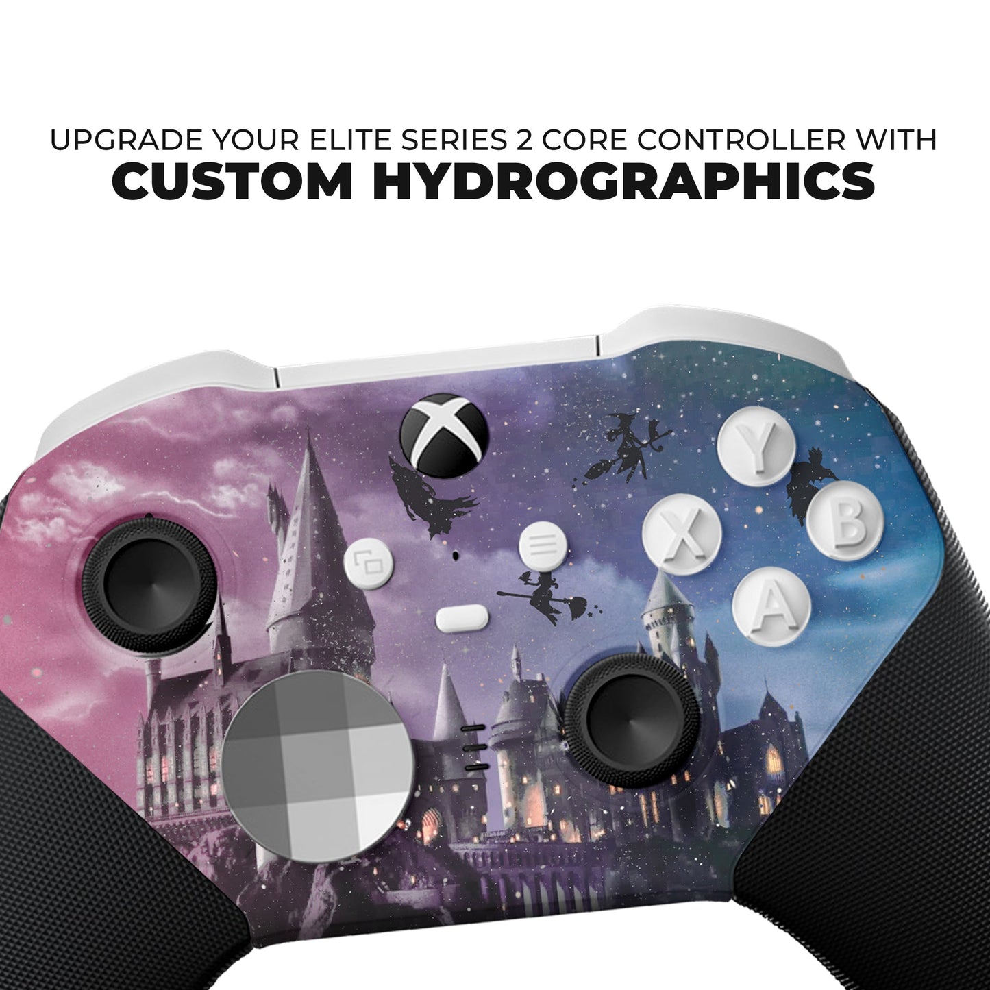 Xbox Elite Series 2 Core controller front view with Hogwarts hydro-dip purple/blue buttons