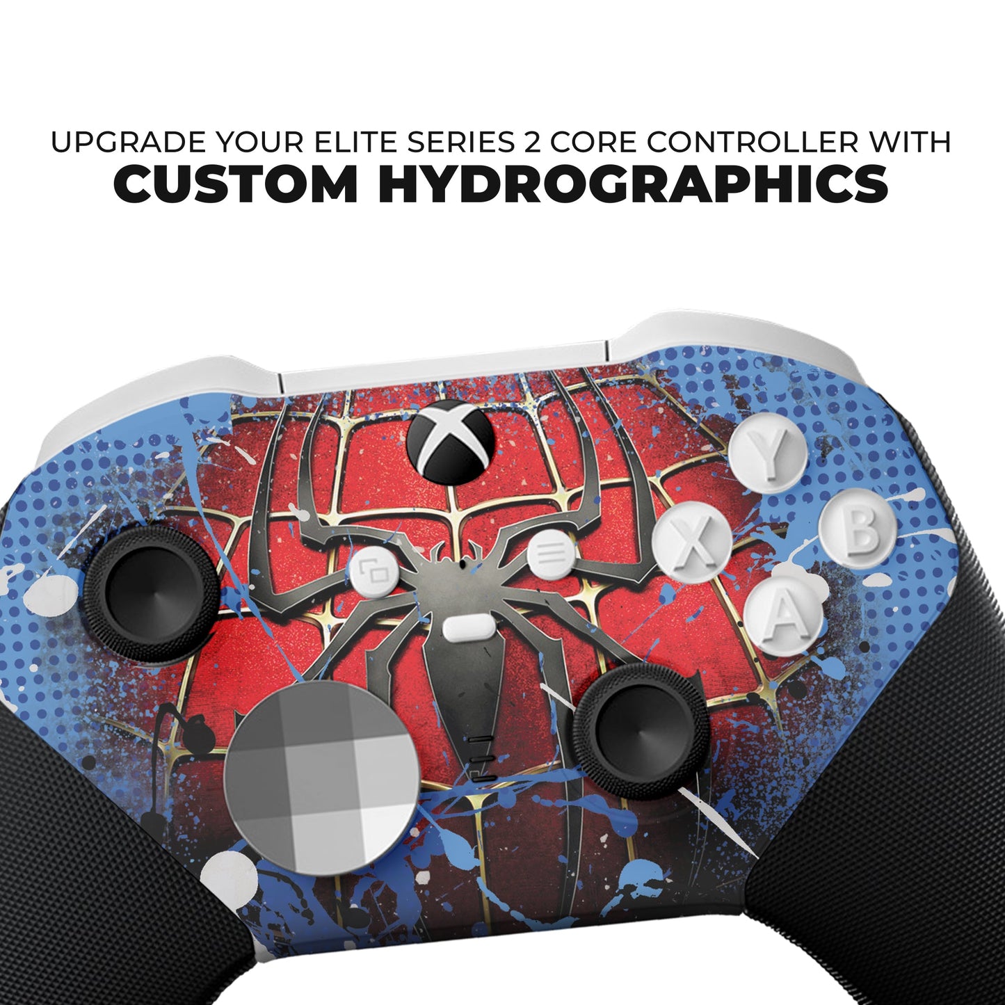 Xbox controller with red-and-blue Spider-Man hydro-dip faceplate, black thumbsticks
