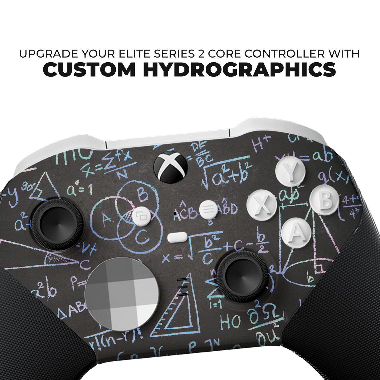 Close-up of black game controller face with colorful E=mc and equation hydro-dip