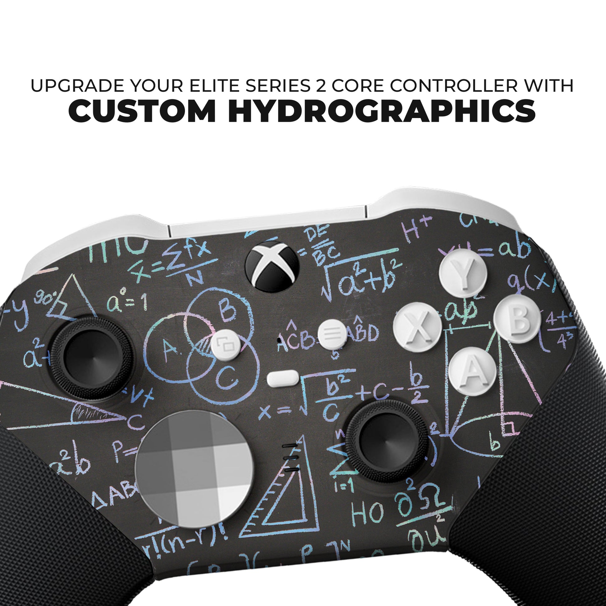 Close-up of black game controller face with colorful E=mc and equation hydro-dip