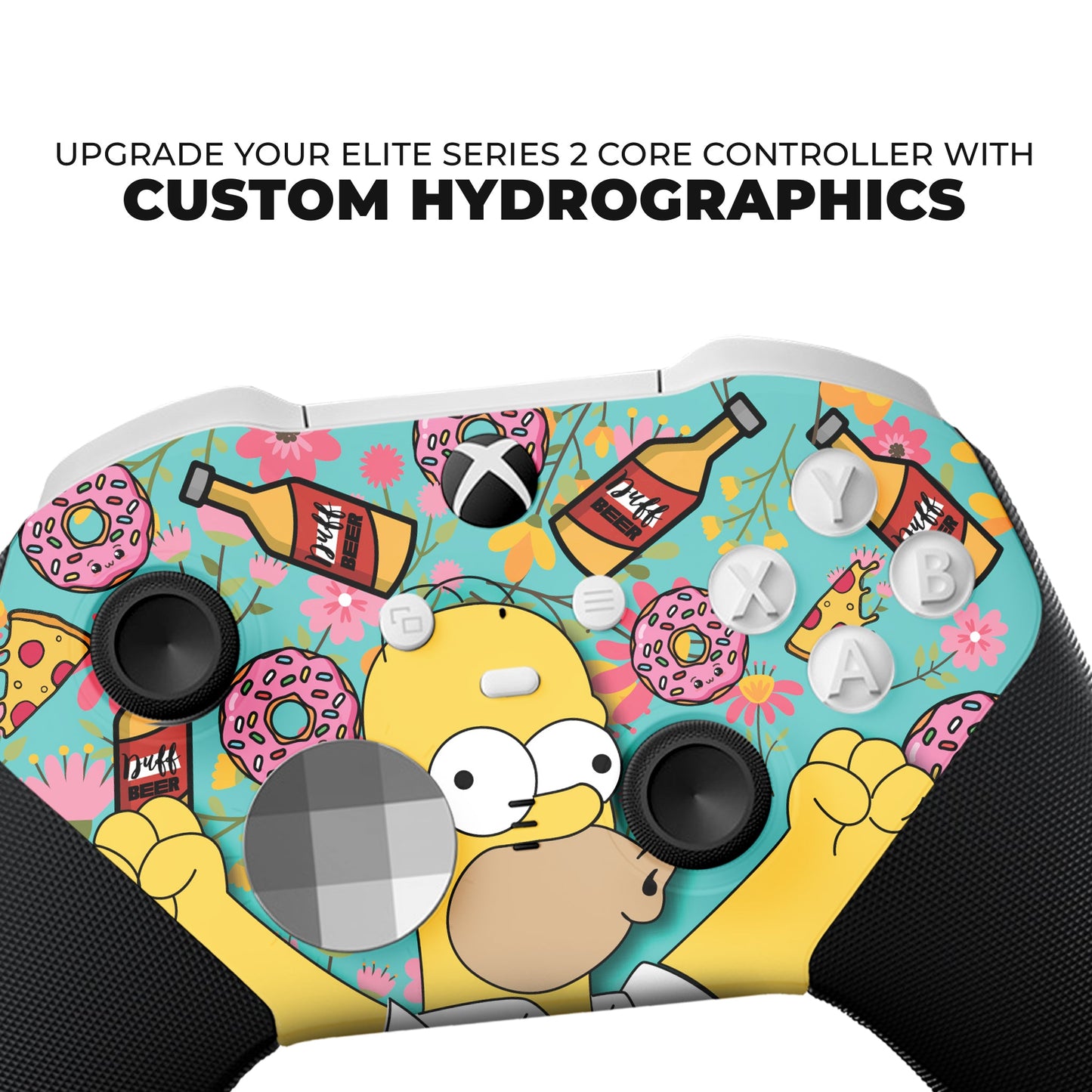 Xbox Elite Series 2 Core controller top close-up with colorful Simpsons-style print, black grips