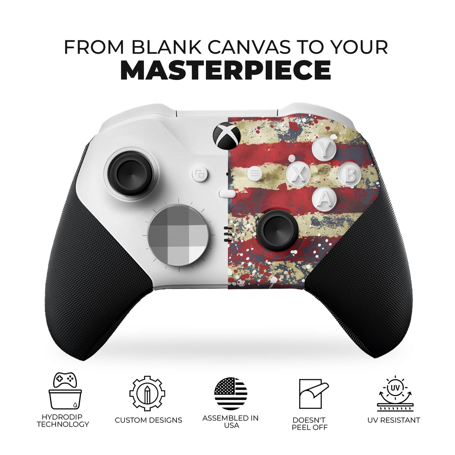 Xbox Elite Series 2 Core controller front with tattered USA flag hydro-dip panel and black grips