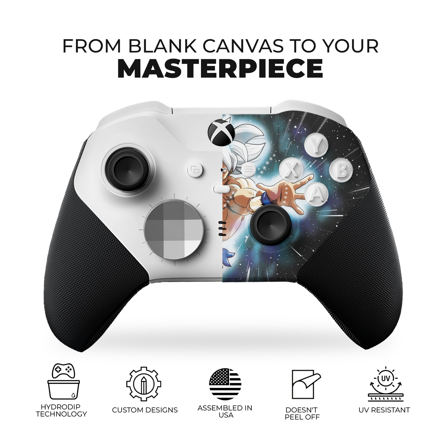 Xbox Elite controller with Goku Ultra Instinct hydro-dipped graphics and textured grips