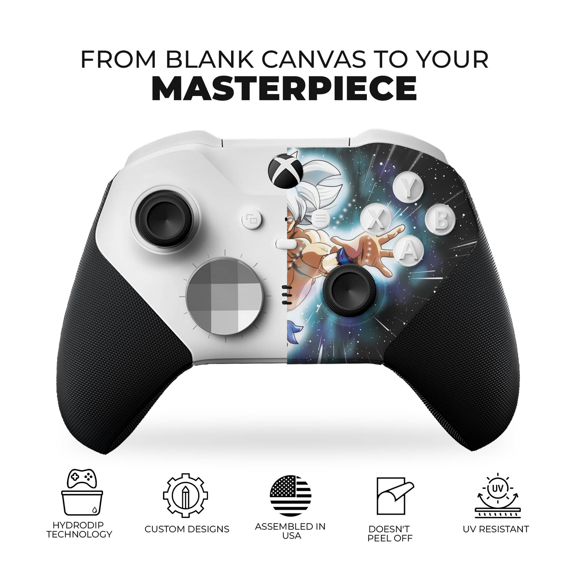 Xbox Elite controller with Goku Ultra Instinct hydro-dipped graphics and textured grips