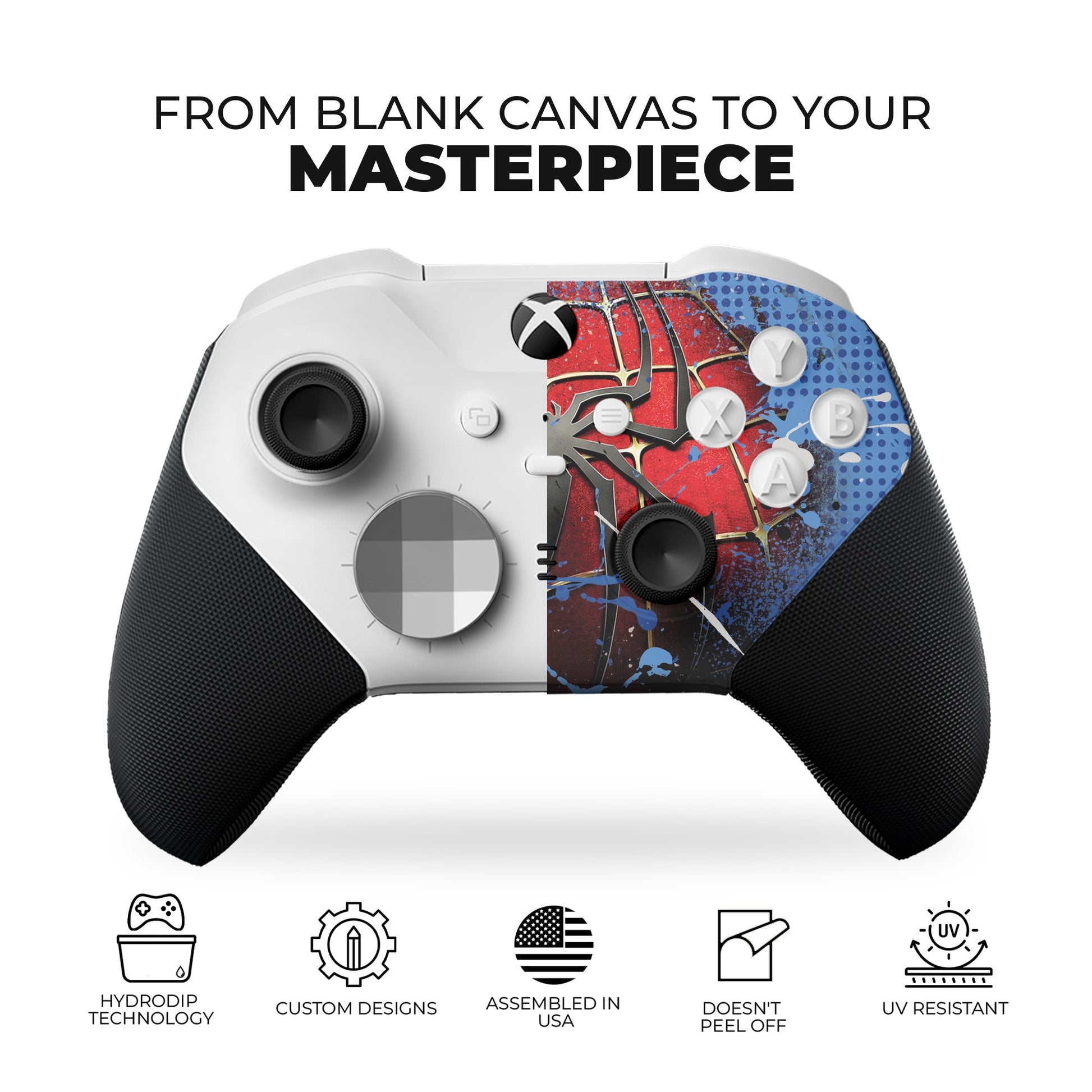 Xbox Elite controller front with red web artwork, blue speckle hydro-dip and buttons