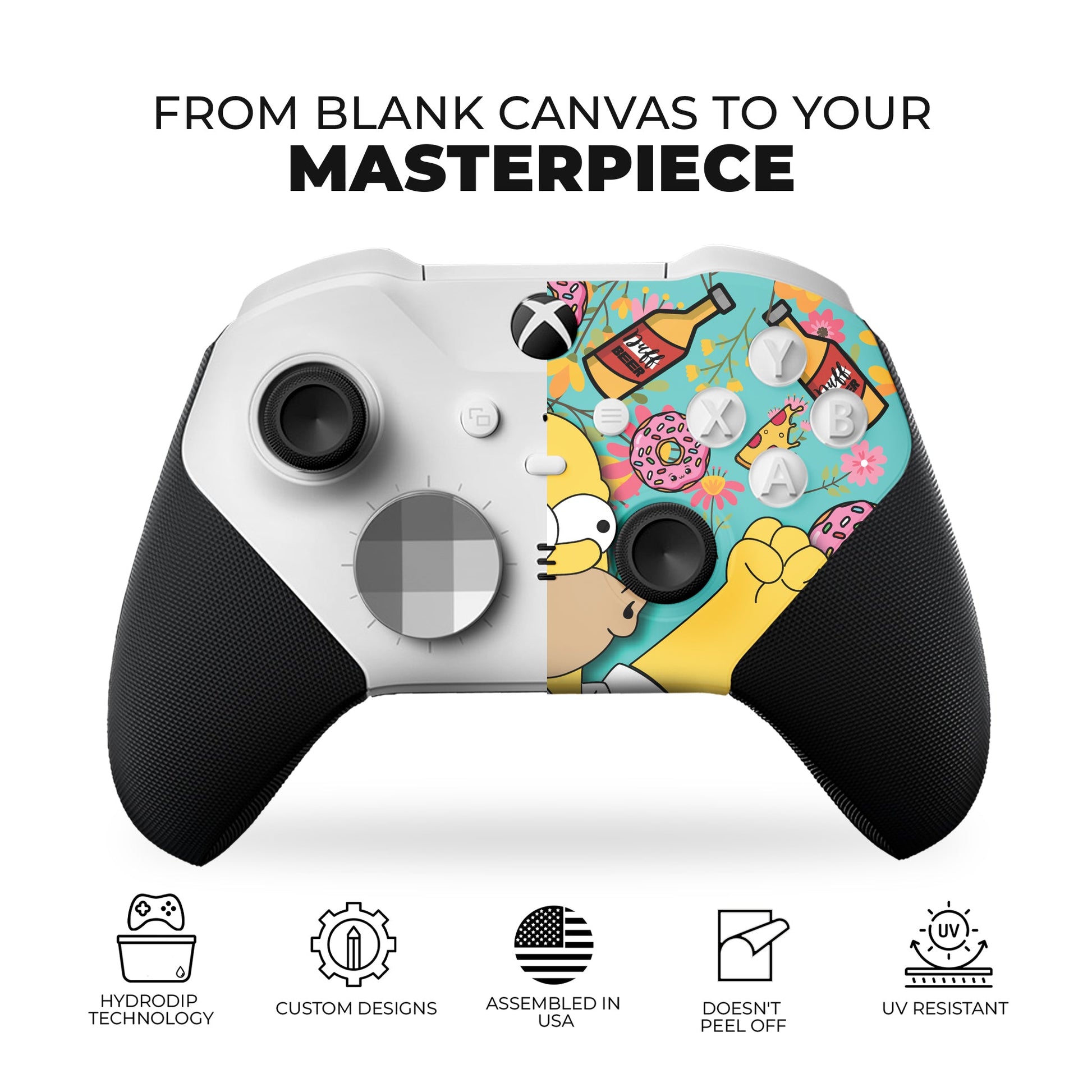 Xbox Elite Series 2 Core controller front with colorful Simpsons-style hydrographic skin and black grips