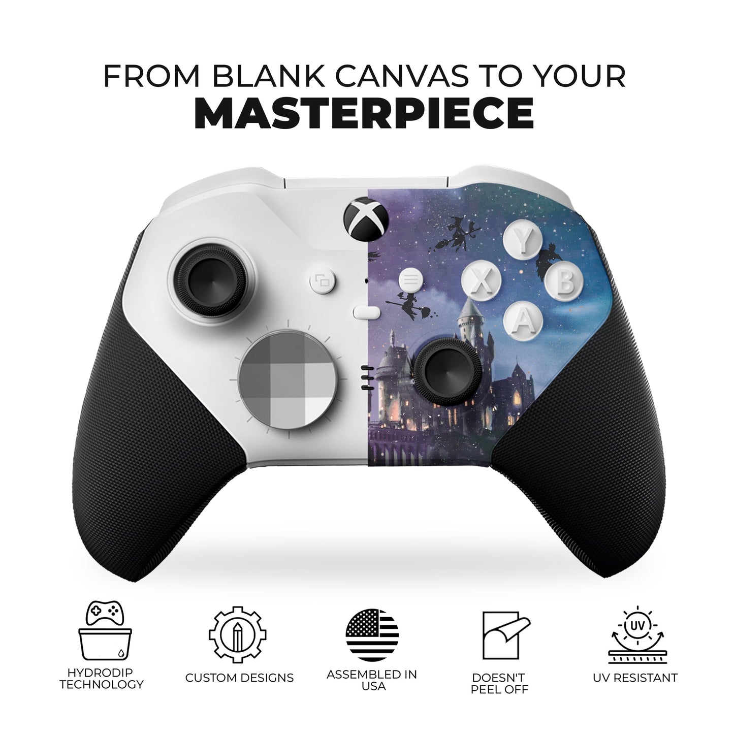 Xbox Elite Series 2 Core controller with Hogwarts hydro-dip purple/blue faceplate and D-pad