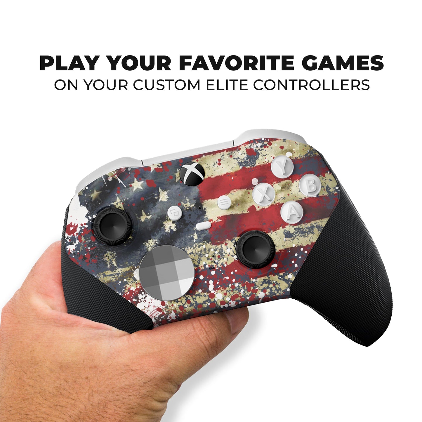 Xbox Elite Series 2 Core controller in hand with tattered USA flag hydro-dip front