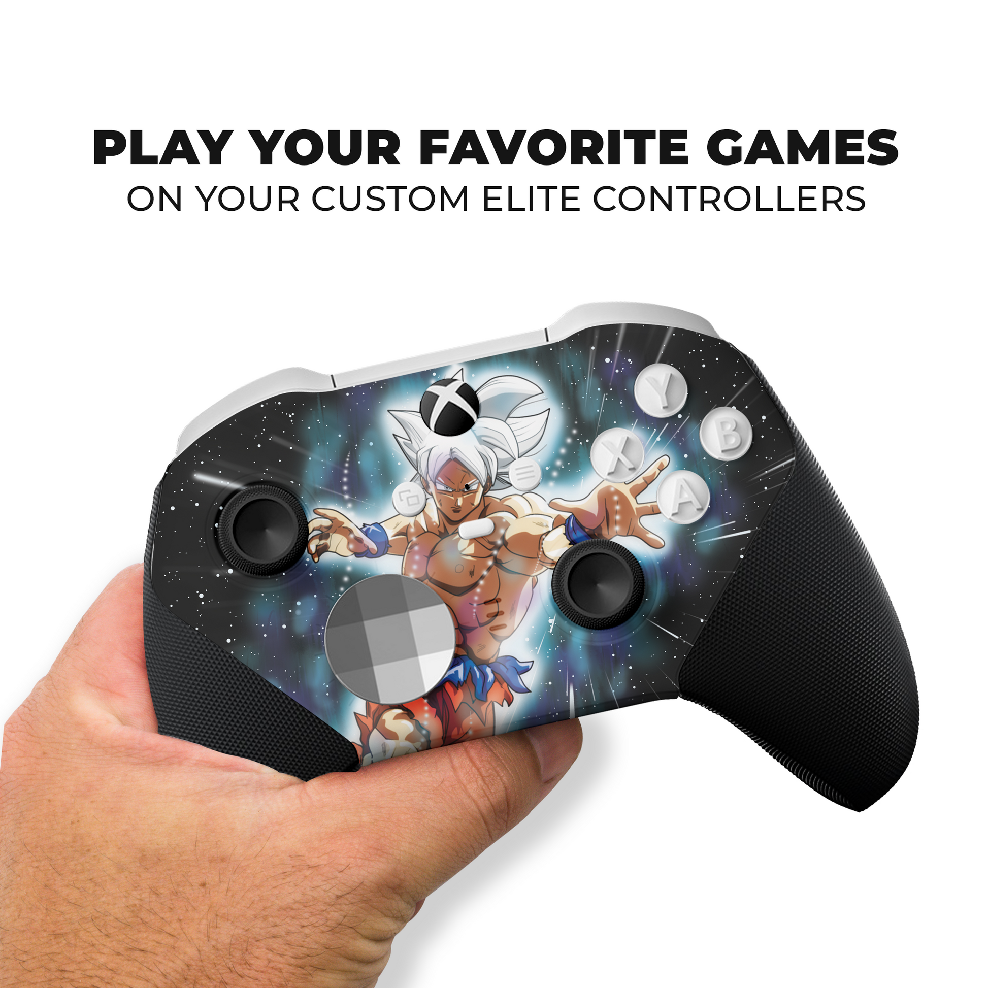 Xbox Elite controller in hand with Goku Ultra Instinct hydro-dipped face and triggers